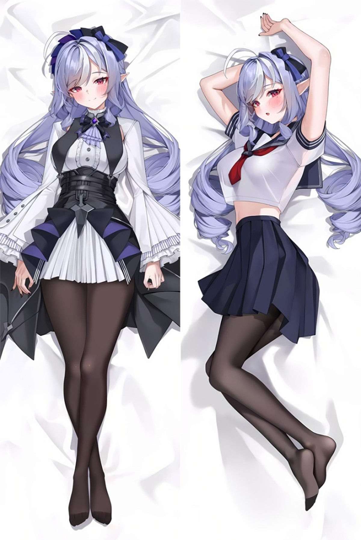 Vivian Banshee dakimakura body pillow case artwork with silver curls, a white frilled blouse and dark skirt, plus a sailor-style outfit on the reverse.