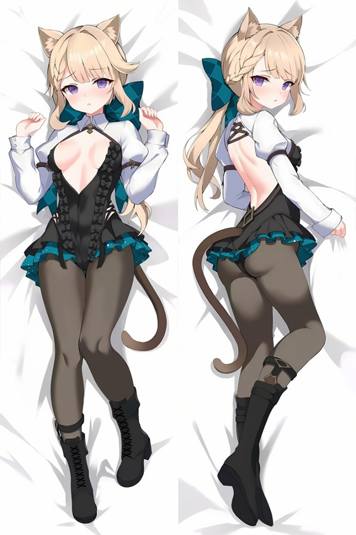 Lynette: Black, white and teal stage outfit, cat ears, tail and lace-up boots.