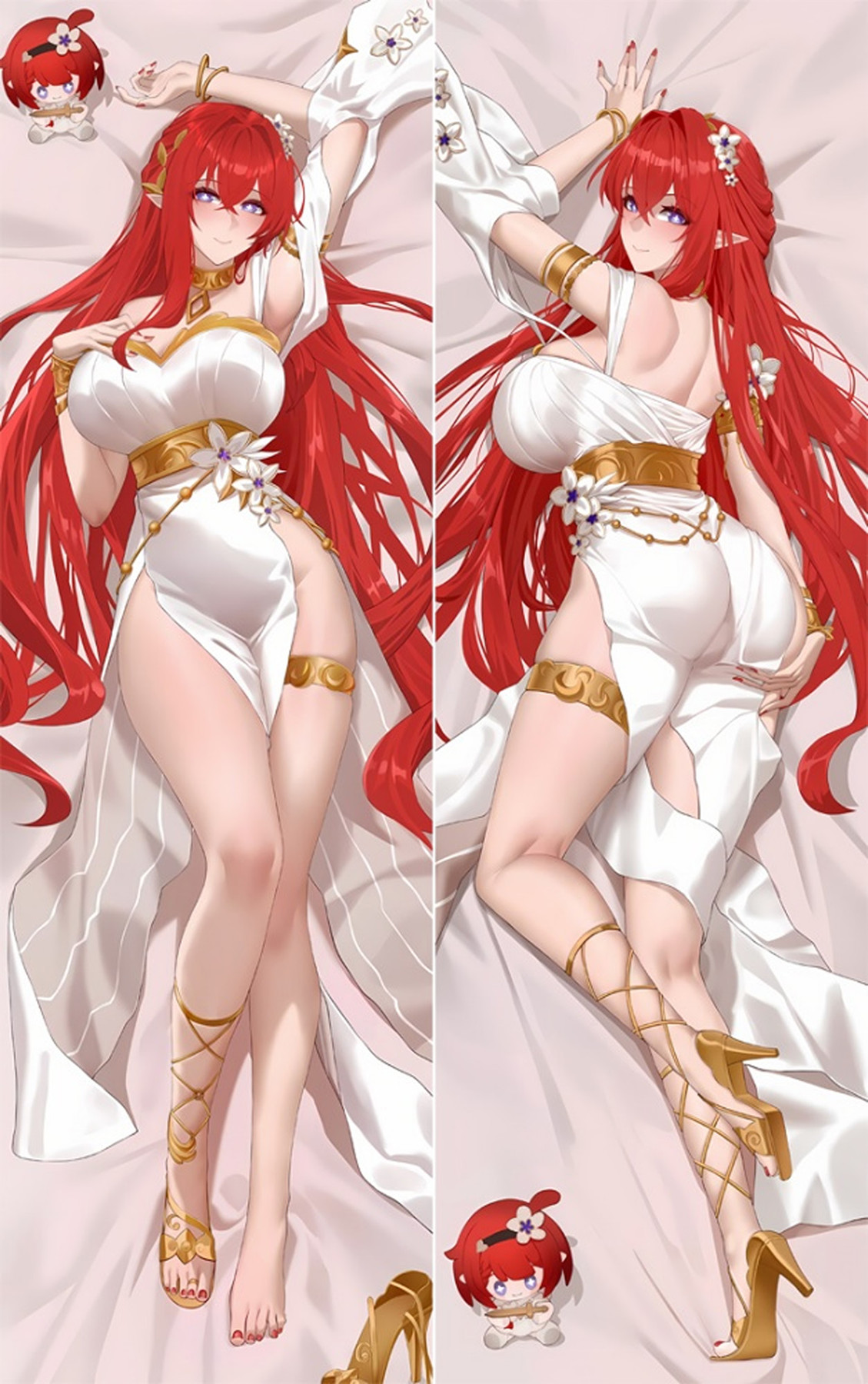 Tribios dakimakura artwork: long red hair, purple eyes, a white dress with gold trim and floral ornaments.