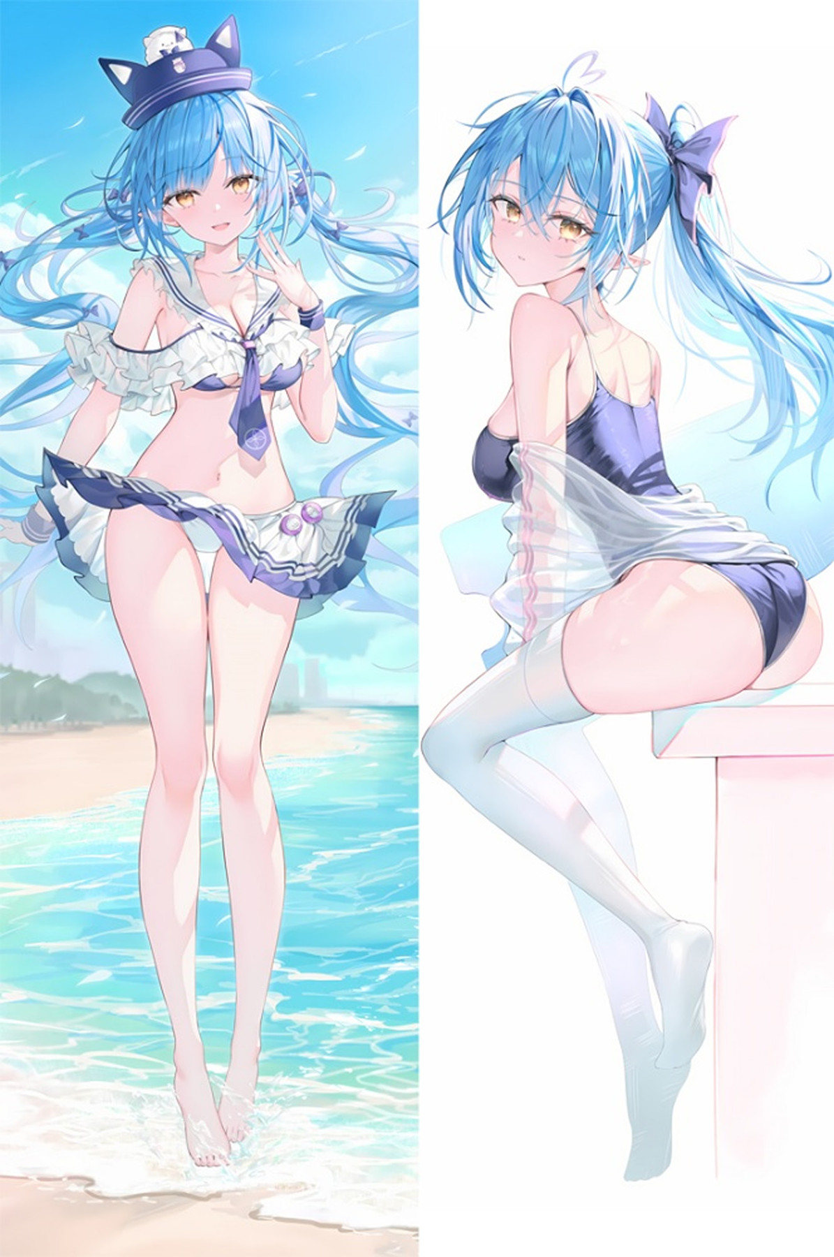 Double-sided Yukihana Lamy dakimakura body pillow case artwork: Nautical frills and purple swimwear.