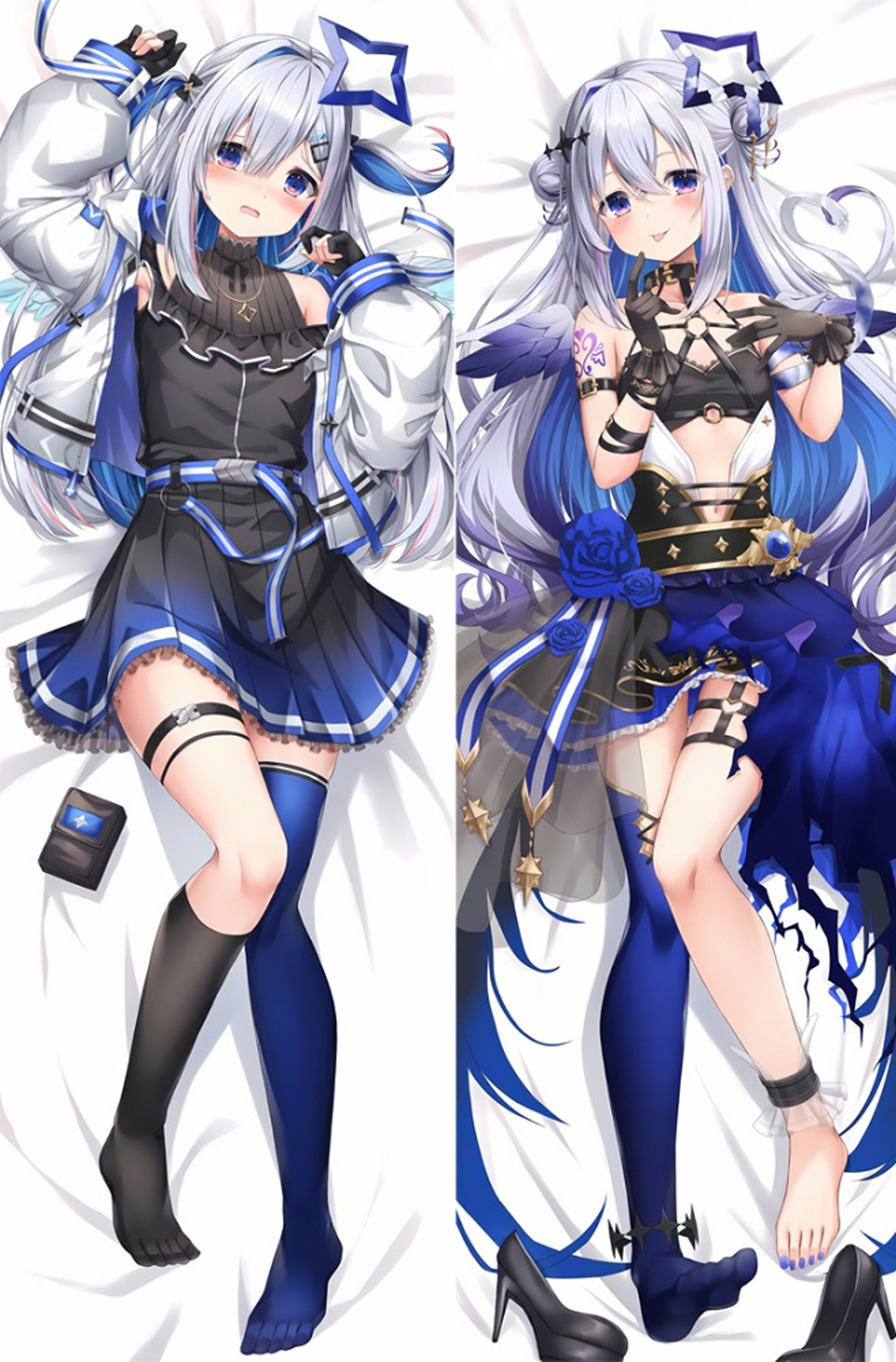Ontwerp voor een Amane Kanata dakimakurahoes: links een wit-blauwe jas met plooirok, rechts een zwart-wit-blauwe outfit met blauwe rozen.