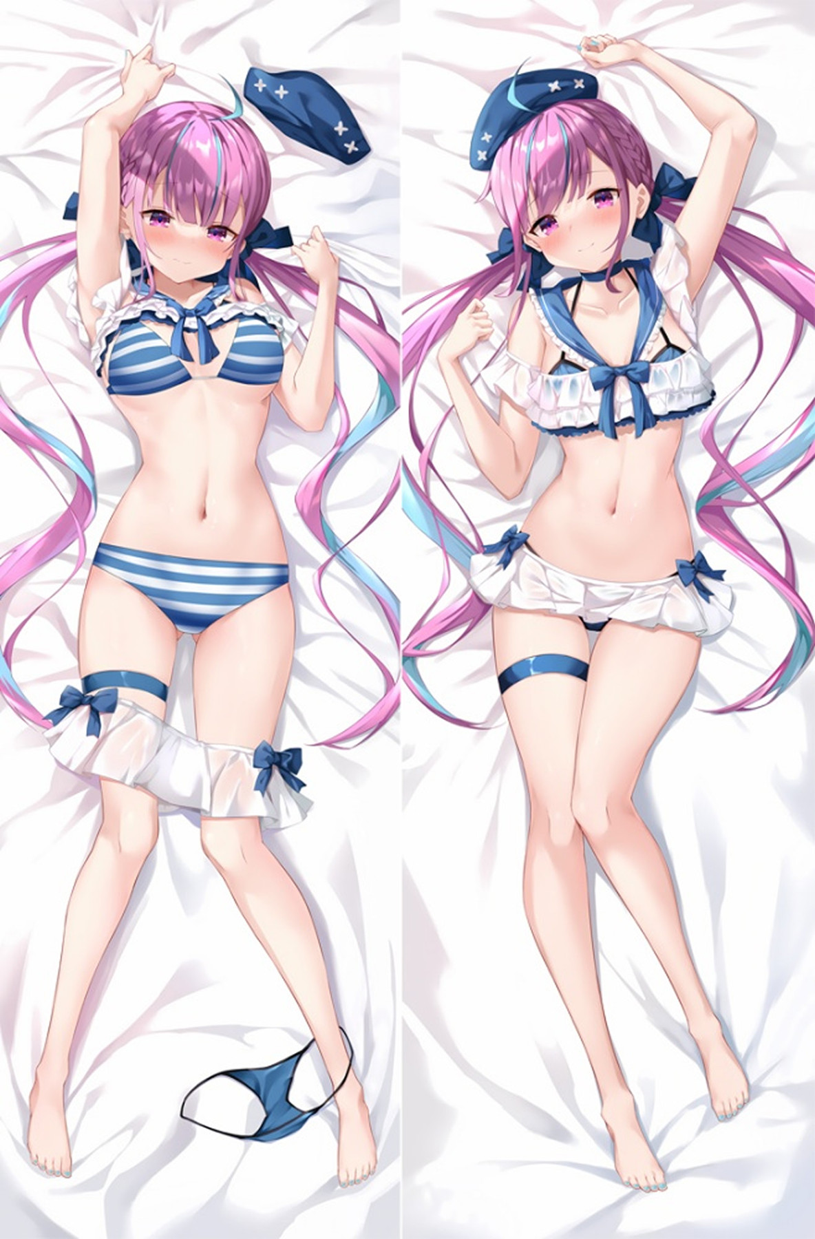 Illustration pour housse dakimakura Minato Aqua avec des rayures bleues et blanches.