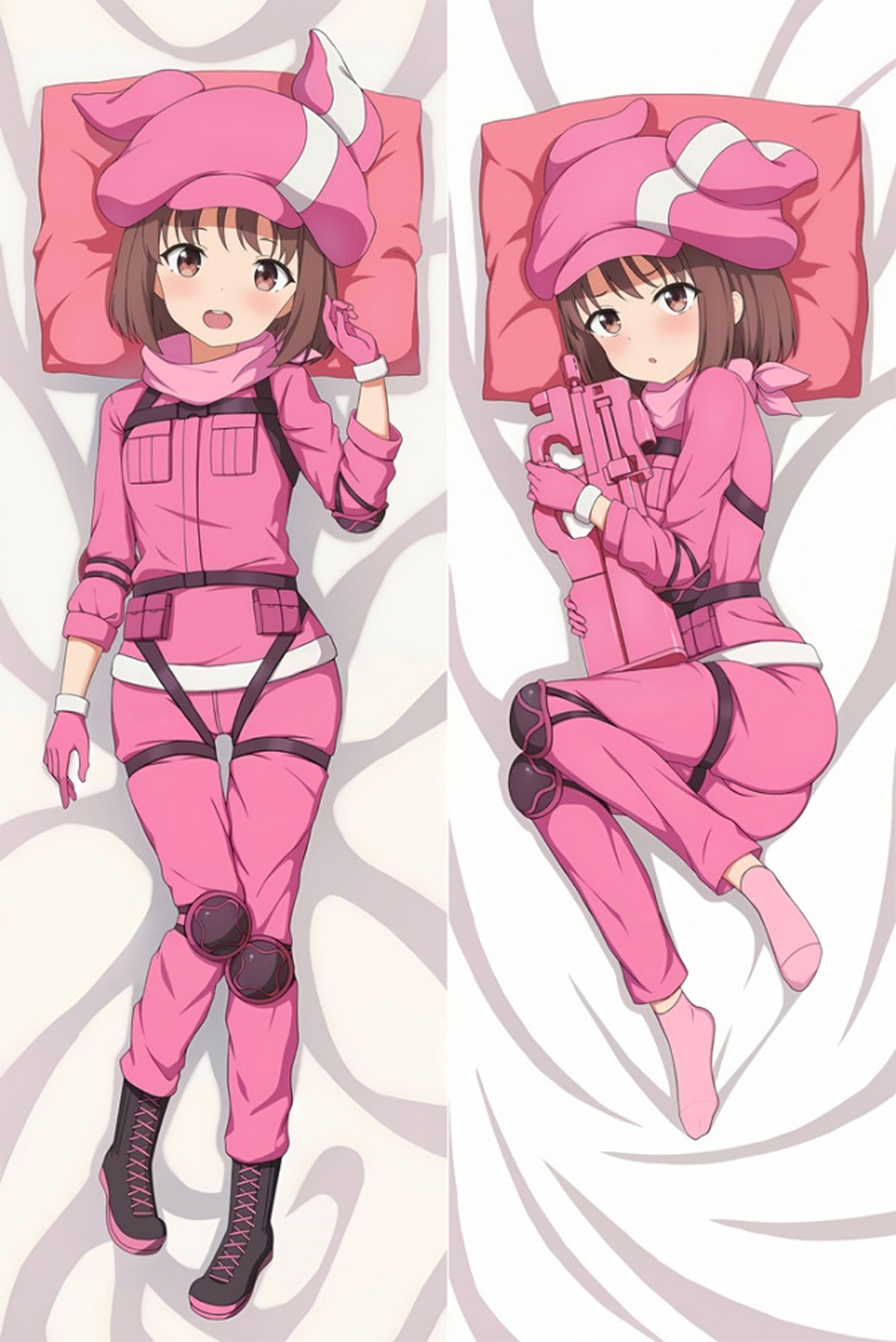 Ilustración dakimakura de Llenn: un conjunto táctico rosa, gorra de orejas largas y botas oscuras, con un arma rosa en el reverso.