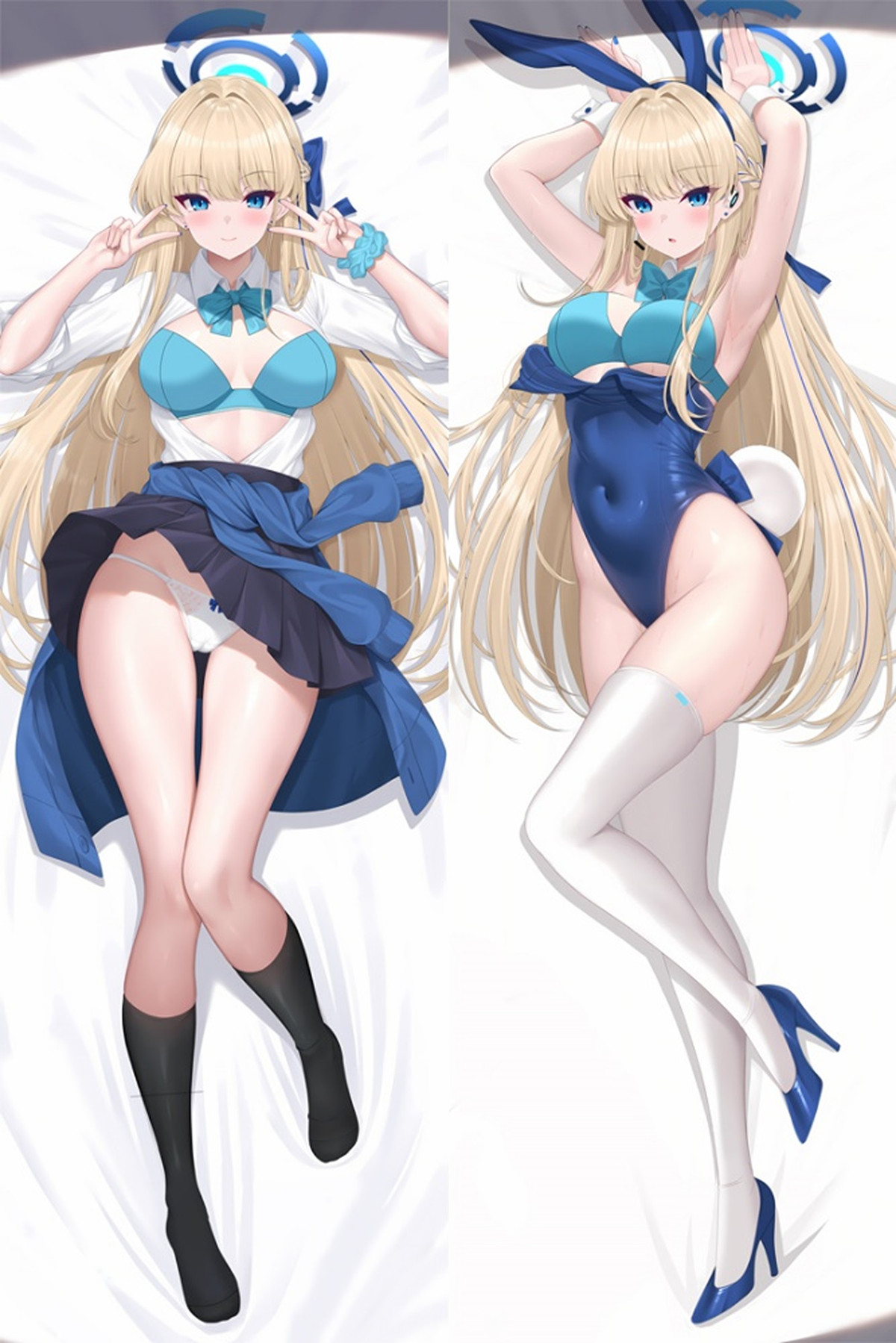 Asuma Toki with long blonde hair, blue halo, white shirt, turquoise bow, navy skirt and navy bunny outfit with white stockings and blue heels