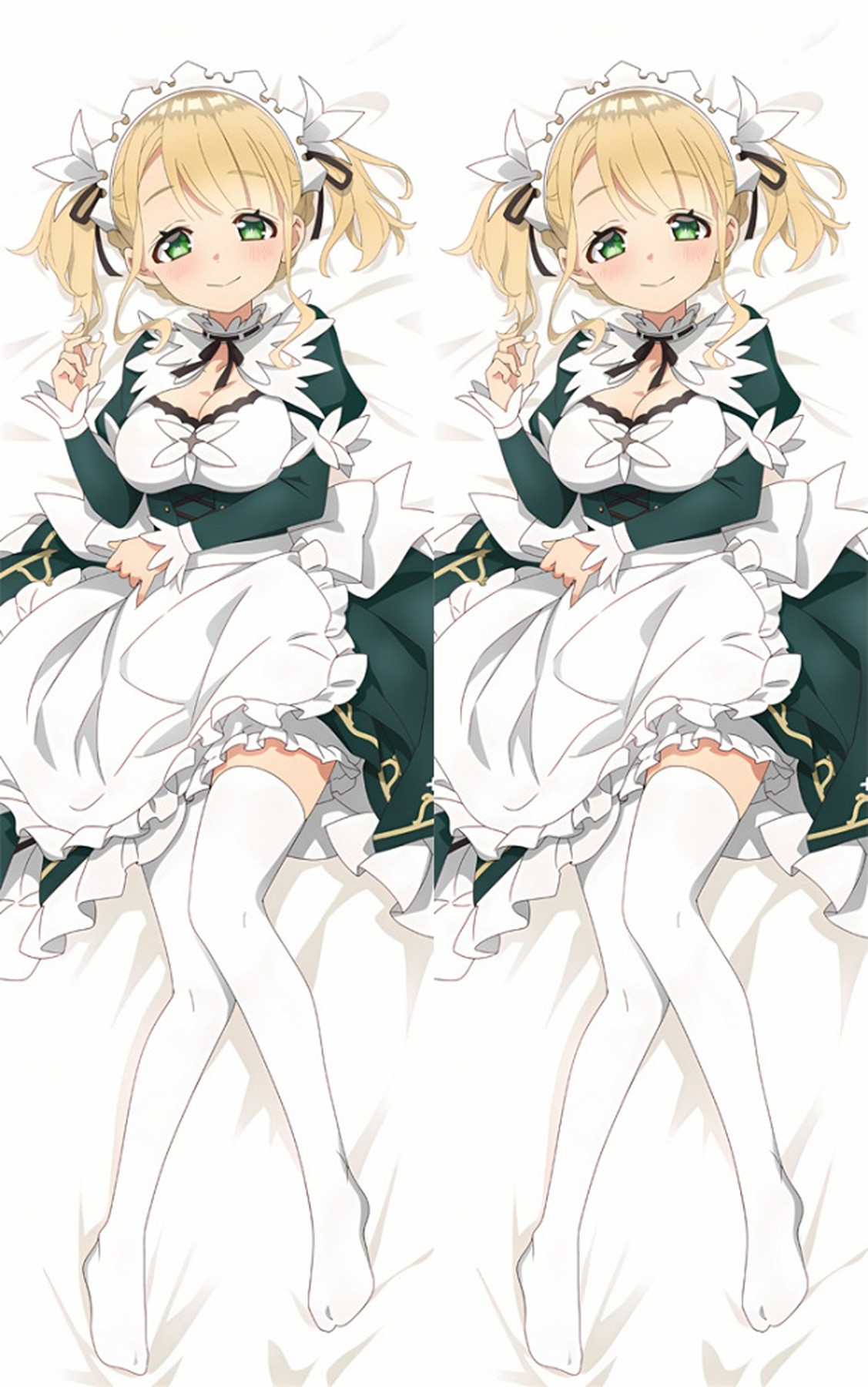 Ellie Walker dakimakura artwork: blonde twin tails, green eyes and a green-and-white maid dress, repeated on both halves.