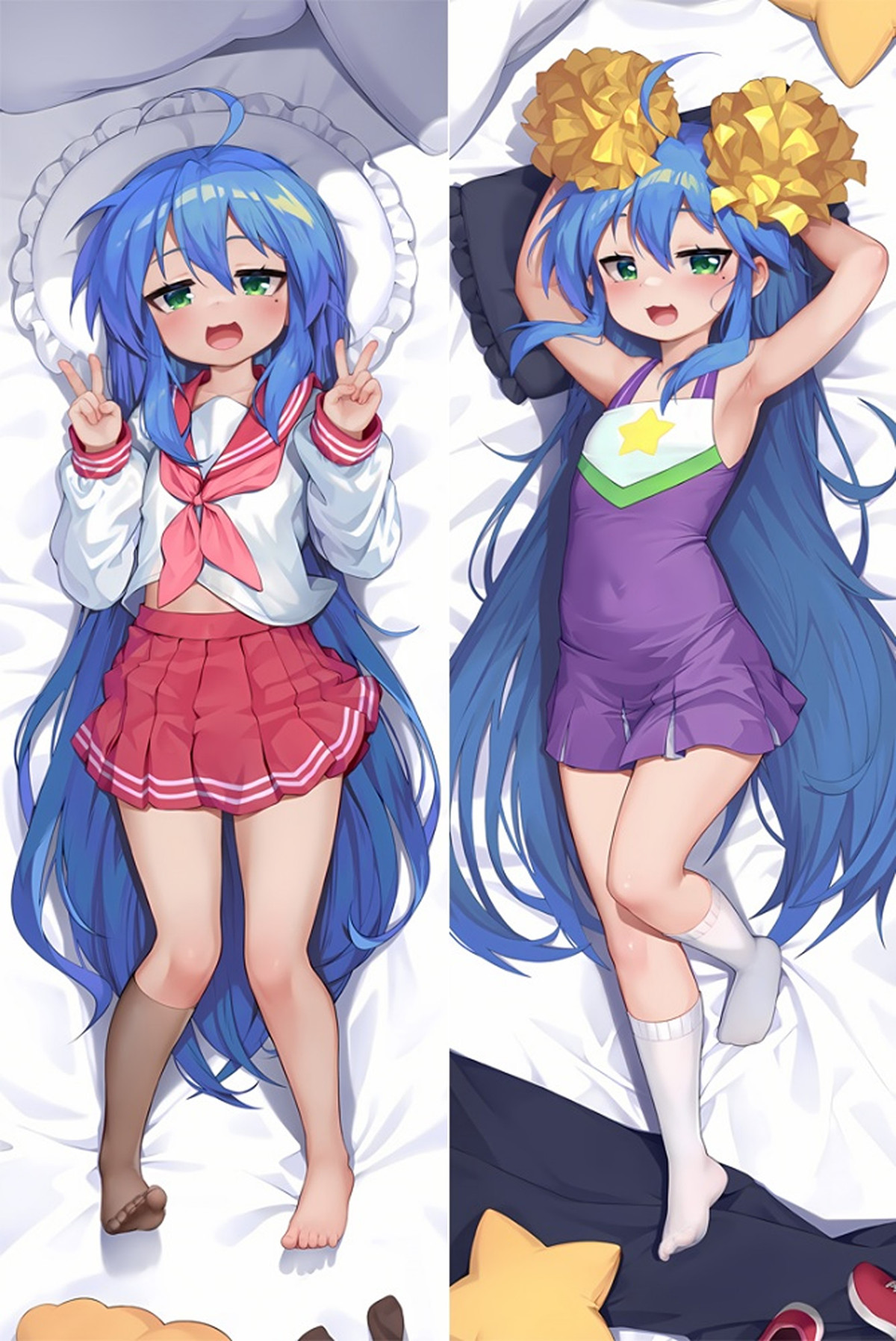 Konata Izumi dakimakura body pillow cover artwork with long blue hair and green eyes, making peace signs in a red-and-white school uniform on one side and holding yellow pom-poms in a purple cheer outfit on the other.
