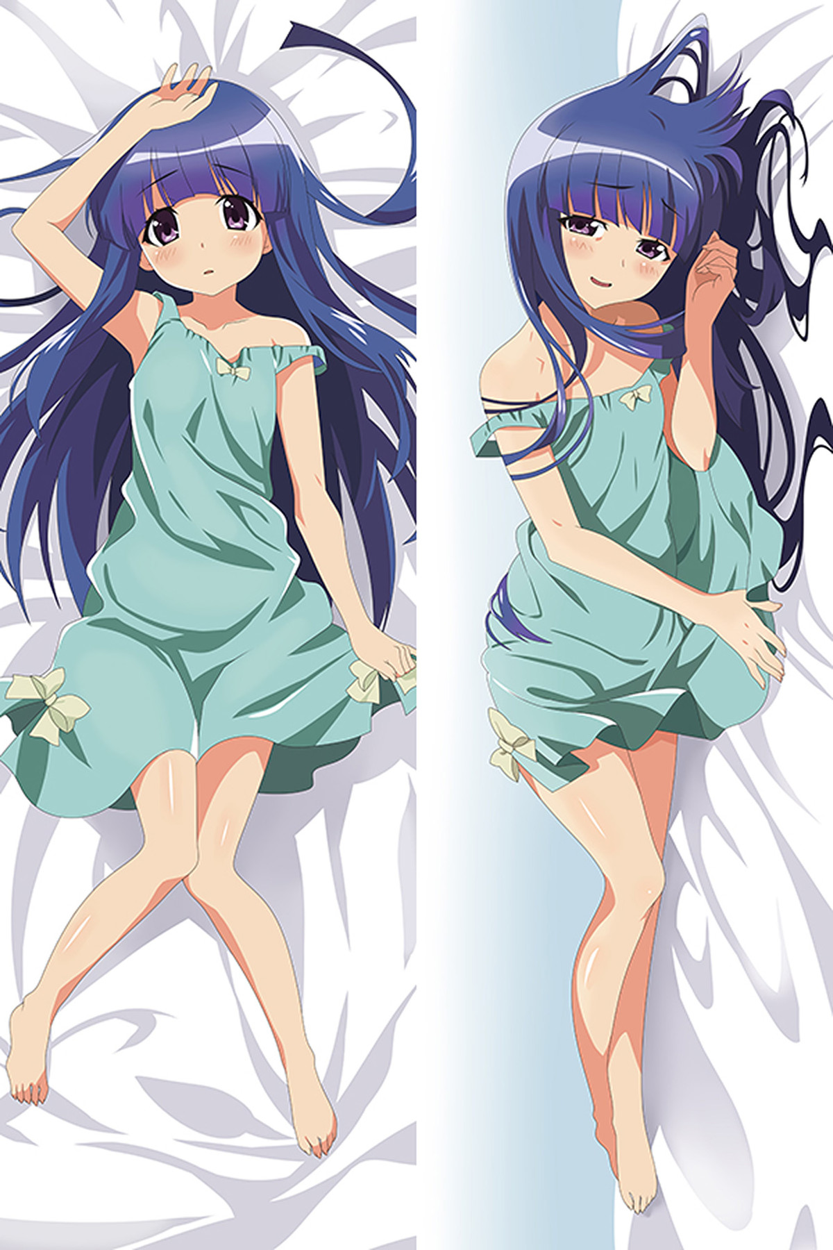 Rika Furude sur une housse de dakimakura en robe vert menthe avec nœuds crème, longs cheveux bleu-violet et yeux violets.