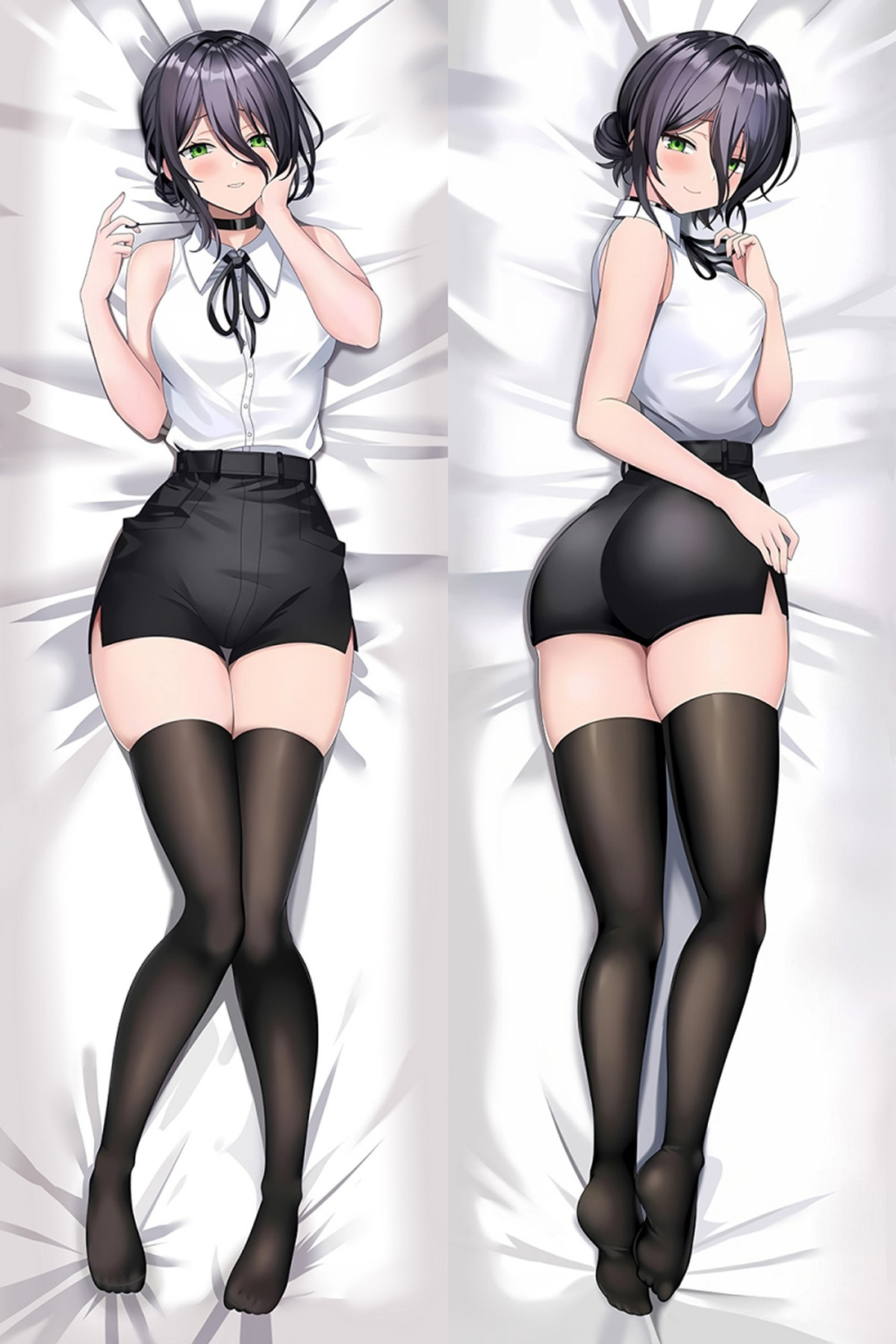 Reze dakimakura artwork in a sleeveless white blouse, black shorts and black thigh-high stockings against white bedding.