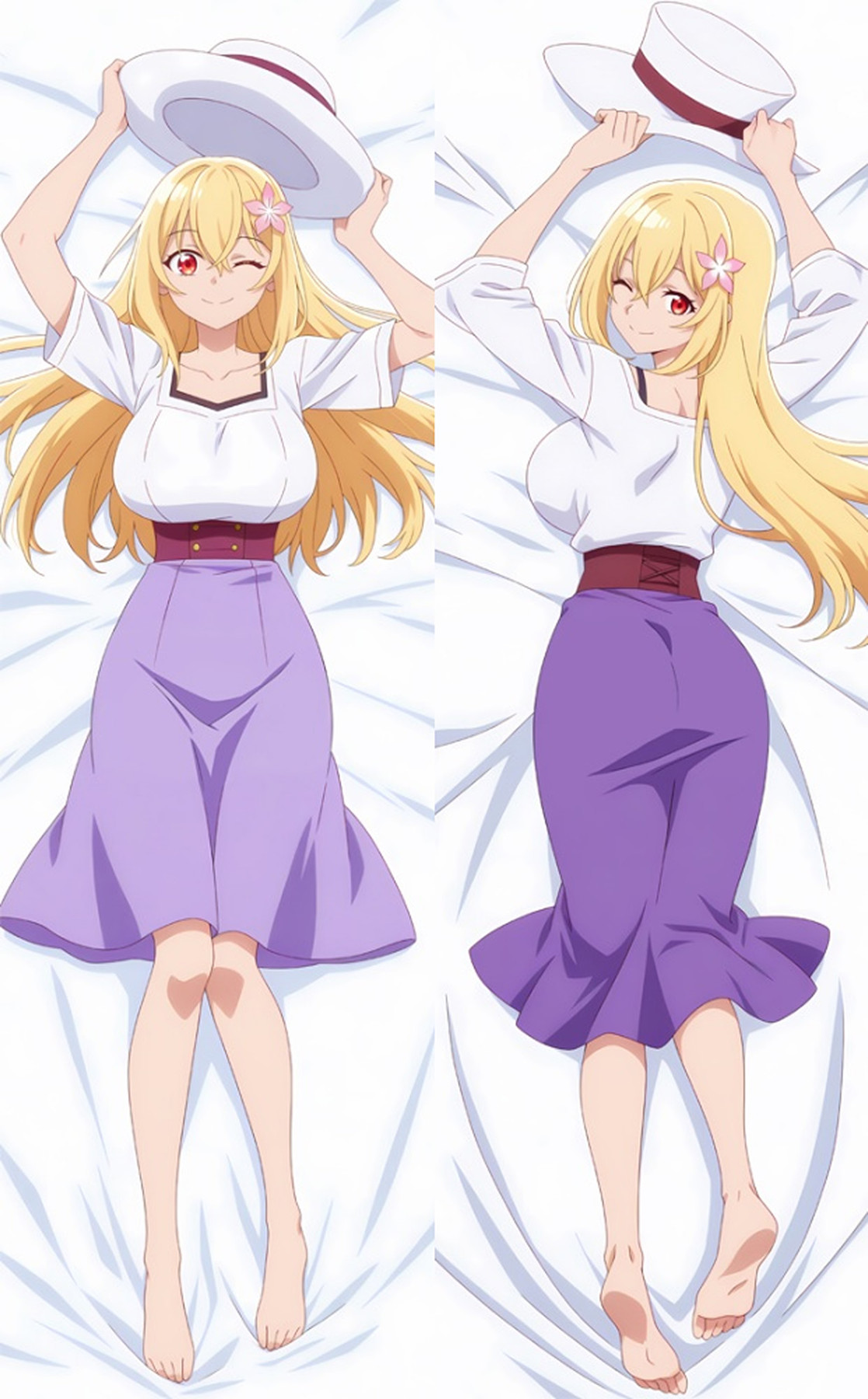 Ilustración dakimakura de Lena Floria: pelo rubio largo, blusa blanca, falda violeta y sombrero blanco de ala ancha.