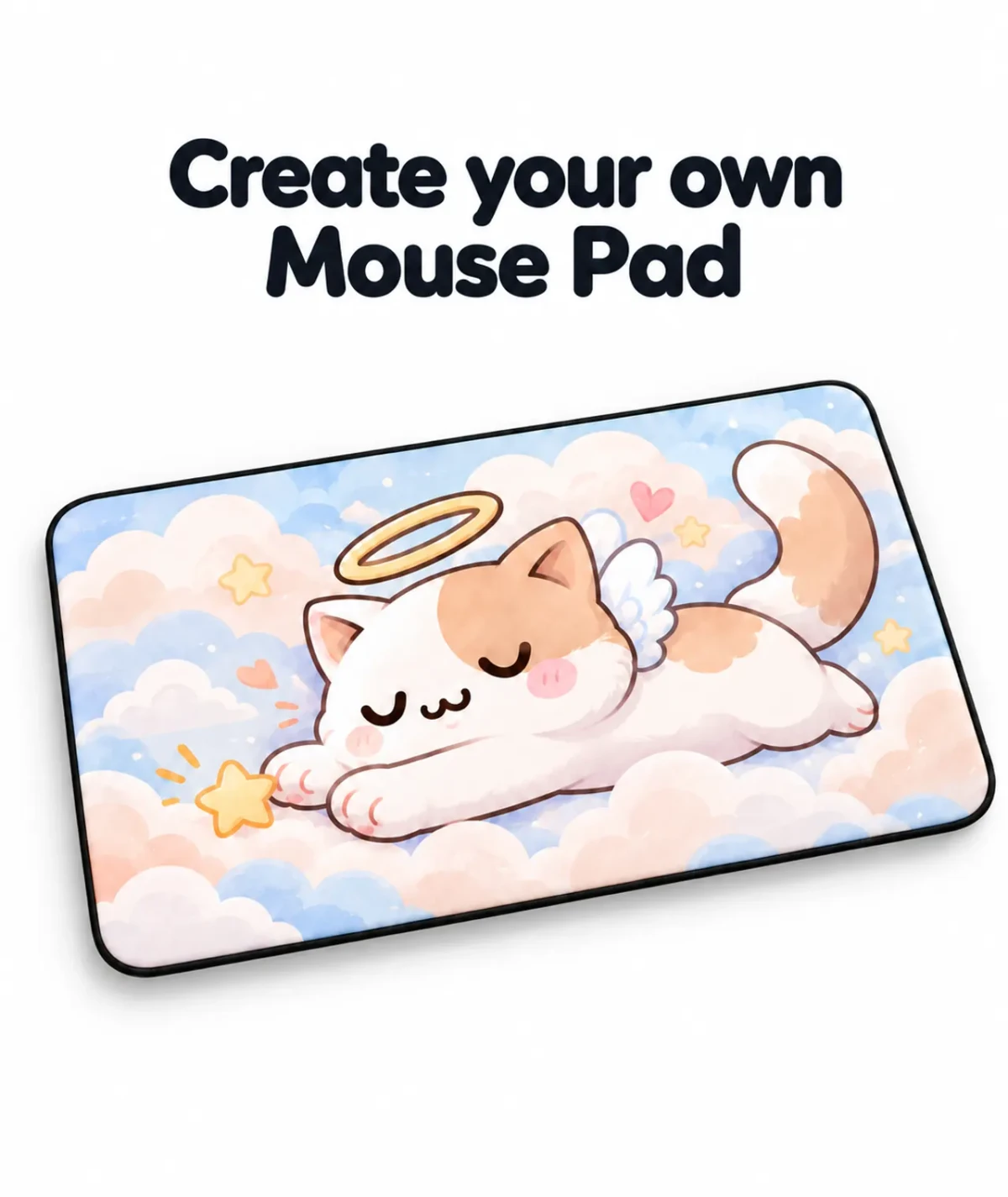 Tappetino per mouse rettangolare personalizzato con una stampa raffigurante un gatto-angelo DakiHeaven che si allunga e nuvole dai colori pastello.