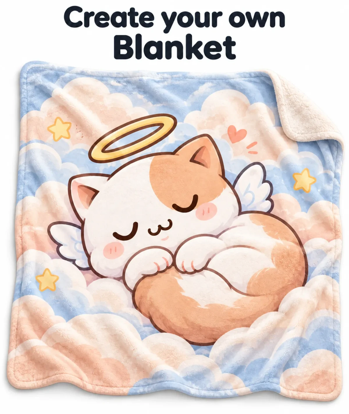 Exemple de plaid avec un chat de dessin animé ailé endormi, une auréole, des nuages pastel et des étoiles.
