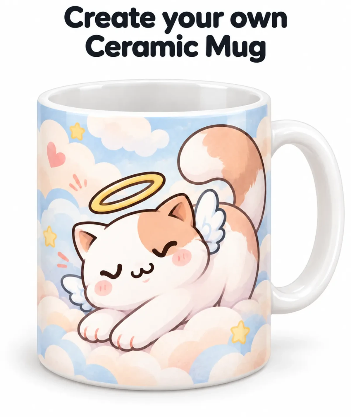 Mug en céramique personnalisé, orné d'un chat-ange DakiHeaven et de nuages aux couleurs pastel qui l'entourent.