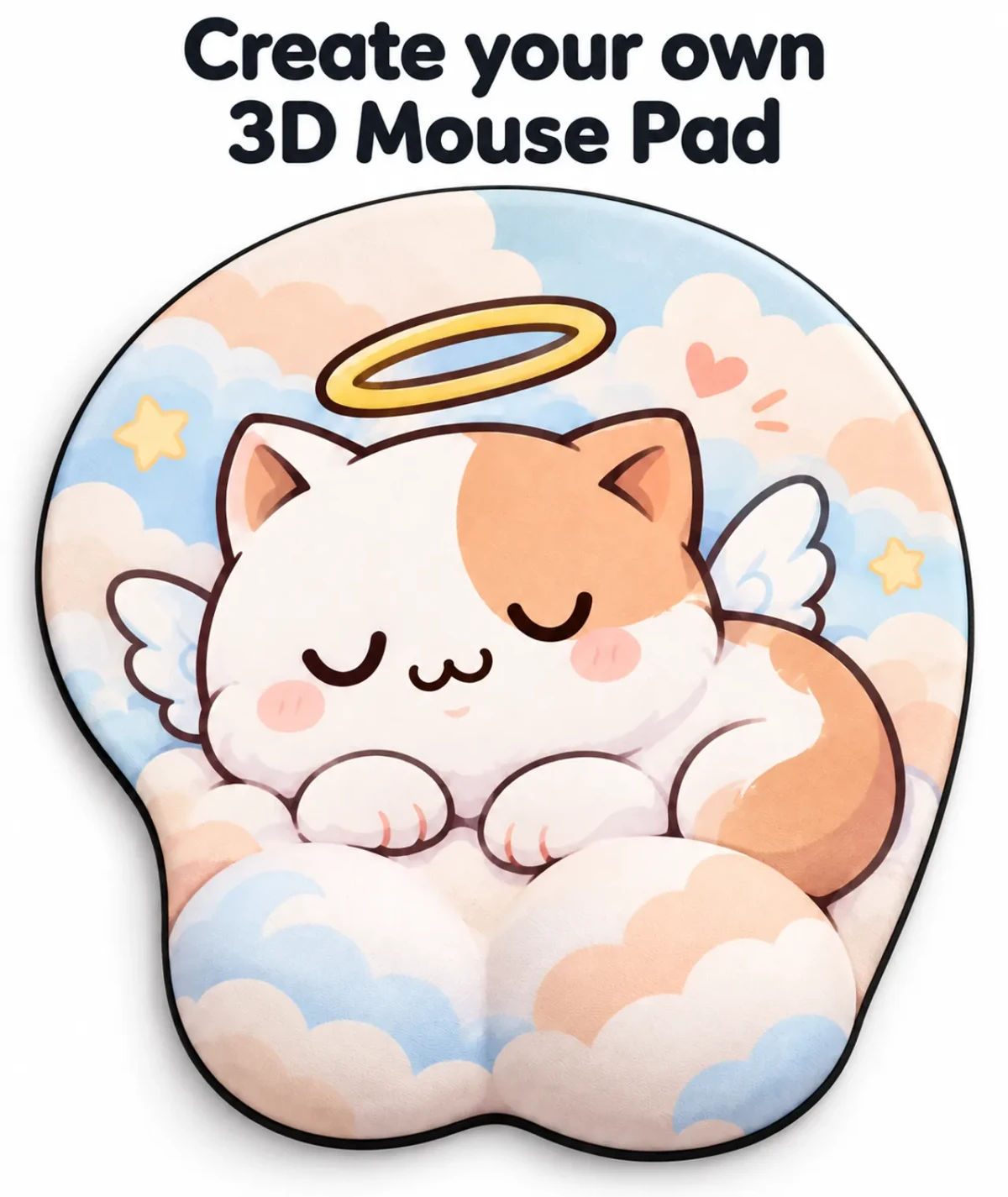 Ejemplo de alfombrilla de ratón 3D con reposamuñecas elevado y un diseño de gato alado.