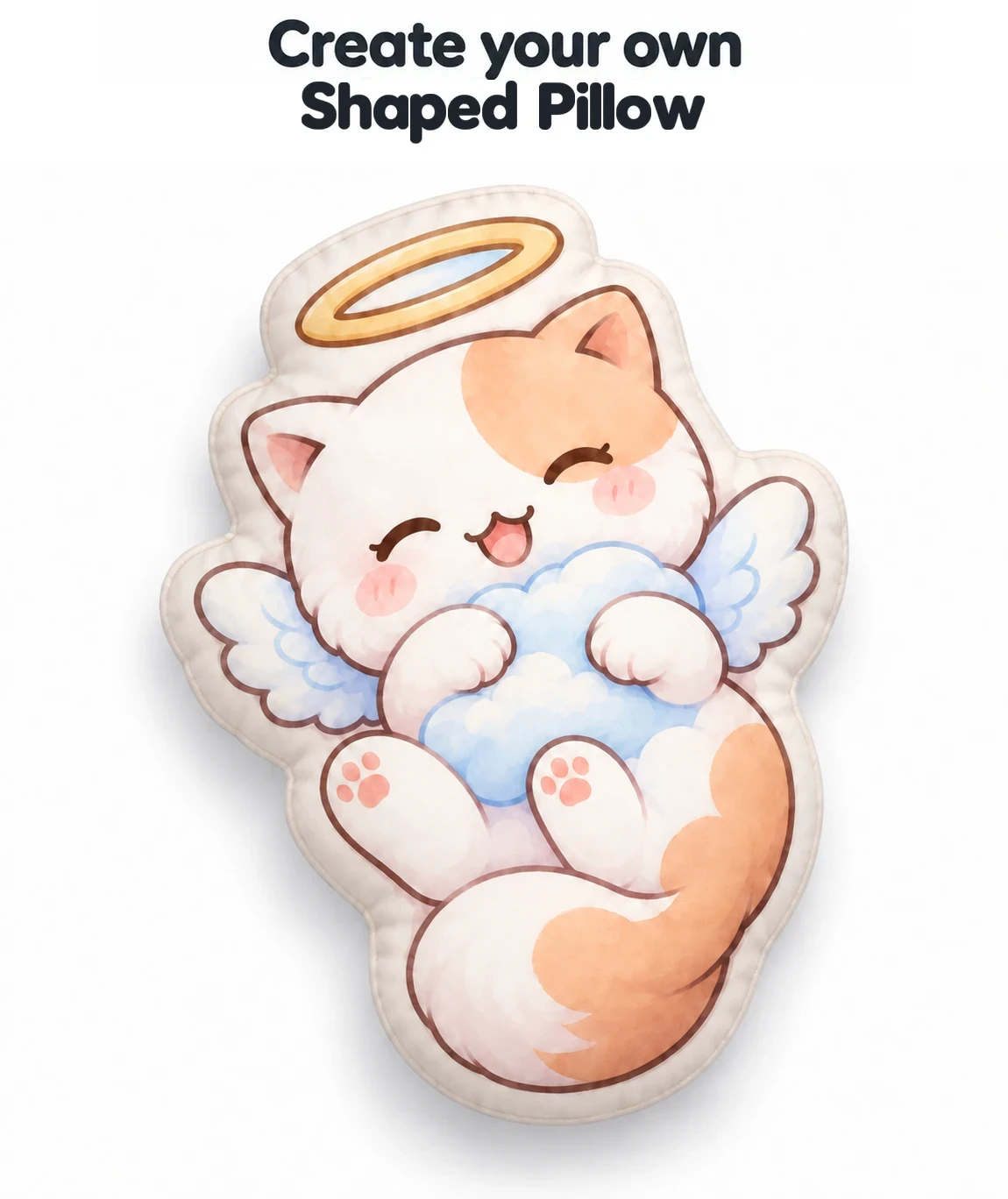 Example shaped pillow with an orange-and-white winged cat holding a blue cloud.