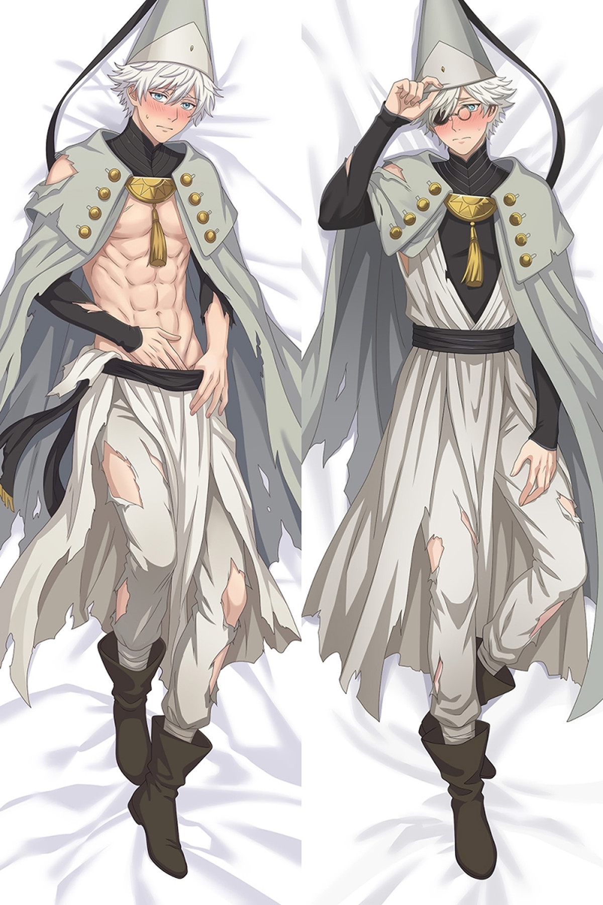 Qifrey dakimakura artwork: white hair, a pointed hat, a pale green cape and gold tassels across two poses.