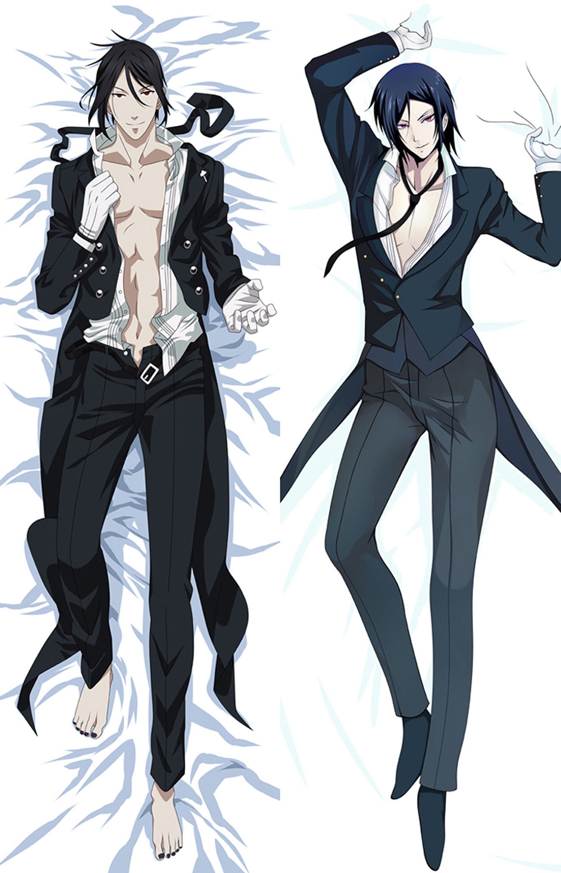 Sebastian Michaelis dakimakurahoes met zwart haar, donkere colberts en witte handschoenen op licht beddengoed