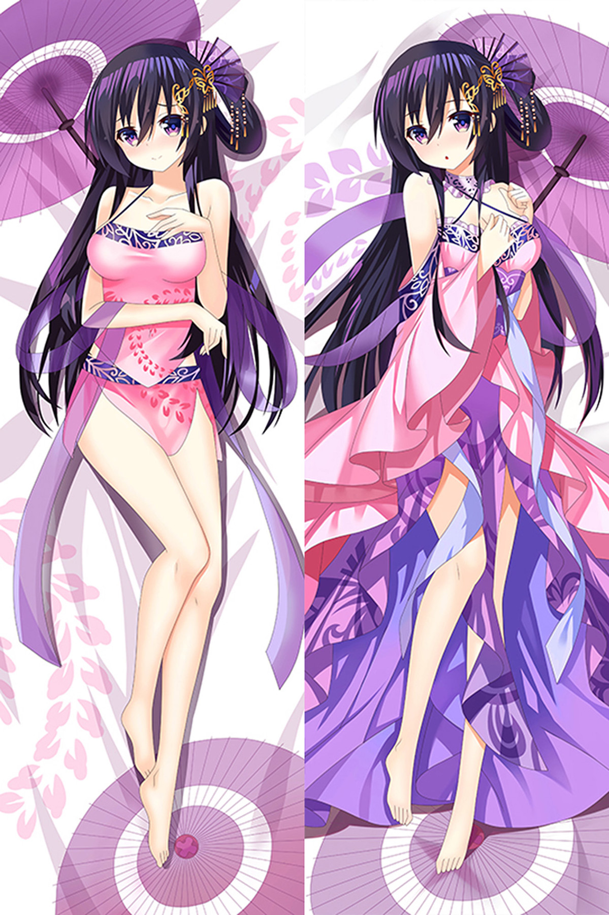 Tohka Yatogami op een dakimakurahoes met roze en paarse outfits, gouden haarornamenten, soepel vallende mouwen en paarse parasols