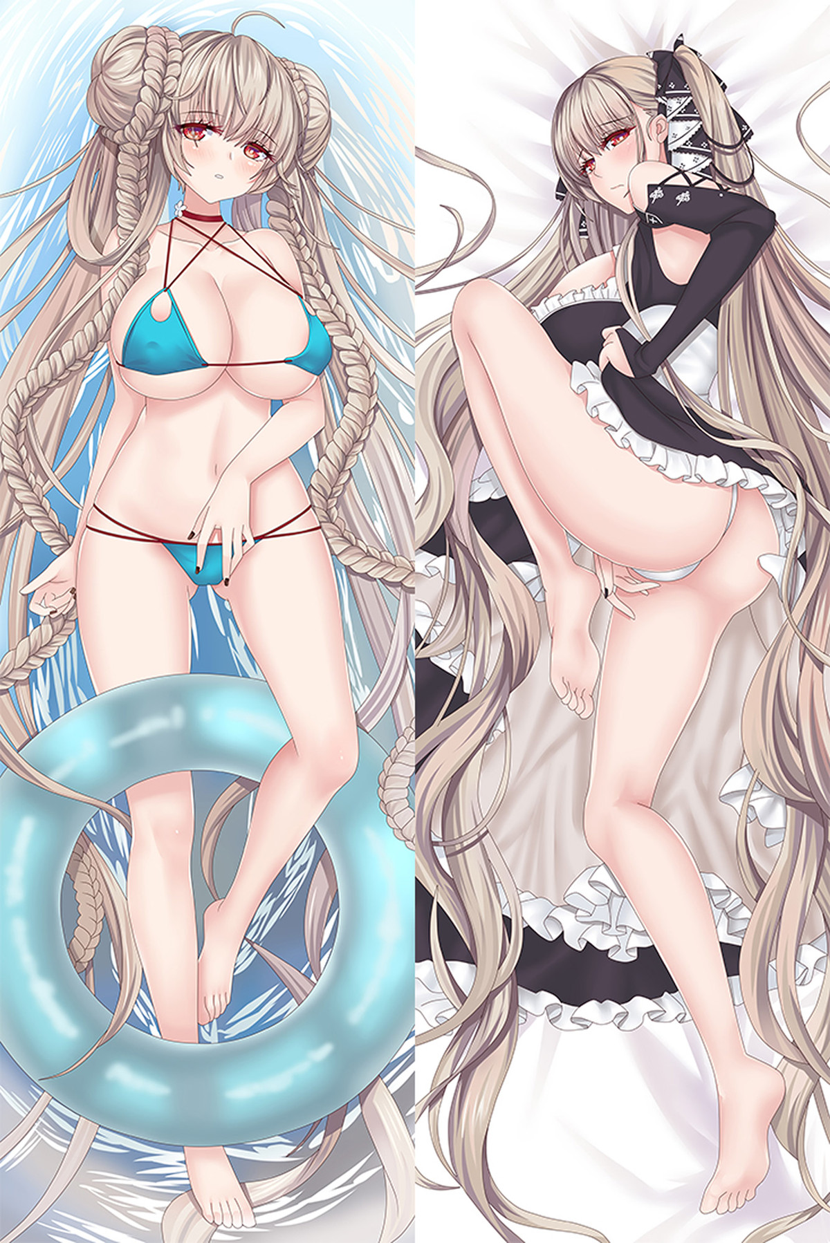 Formidable avec de longues tresses, un maillot turquoise et une bouée, puis une tenue noire et blanche à volants