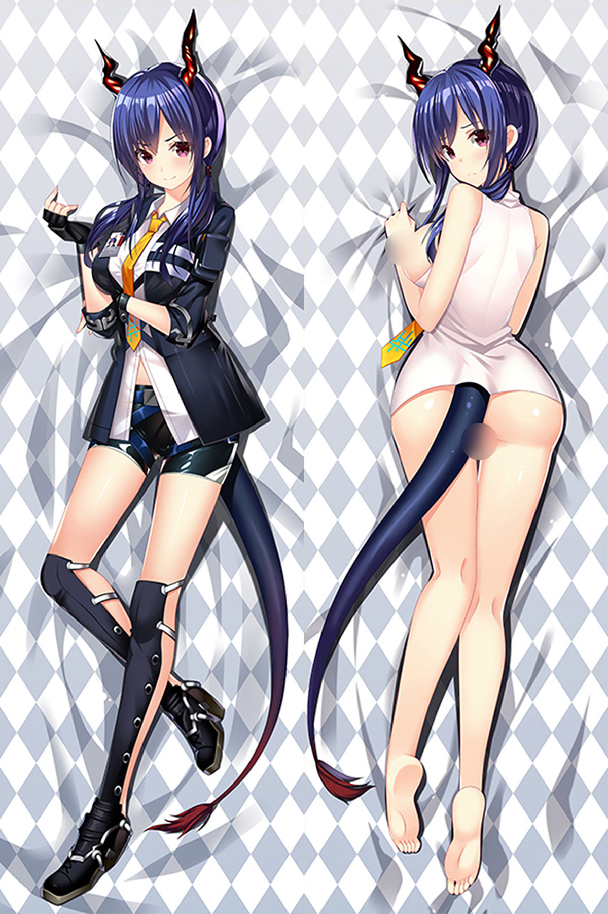 Ch’en dakimakura body pillow case artwork with blue hair, red horns, a navy police jacket, yellow tie, black shorts and a long tail against a grey diamond pattern.