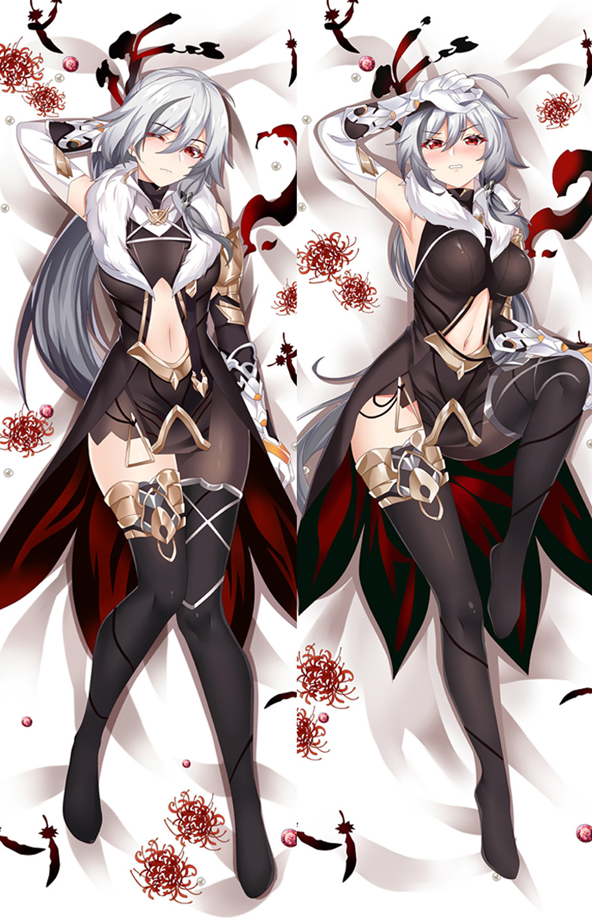 Fu Hua op een dakimakurahoes in haar zwart-gouden Onyx Simurgh-outfit, met zilveren haar, witte bontkraag, rood gevoerde cape en rode spinlelies.