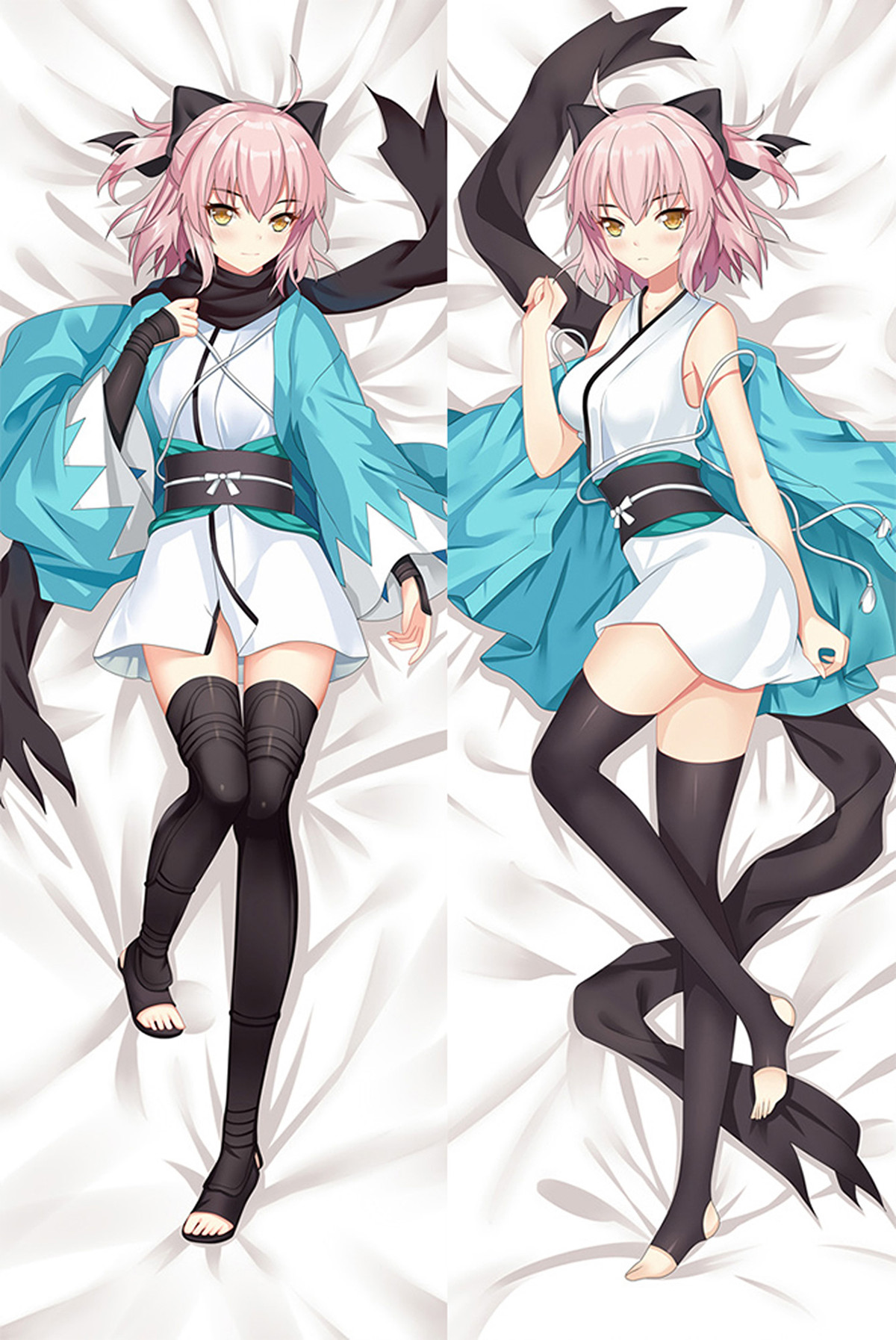 Okita Souji dakimakura artwork with a short pink bob, black scarf, white wrap outfit and teal robe in two views