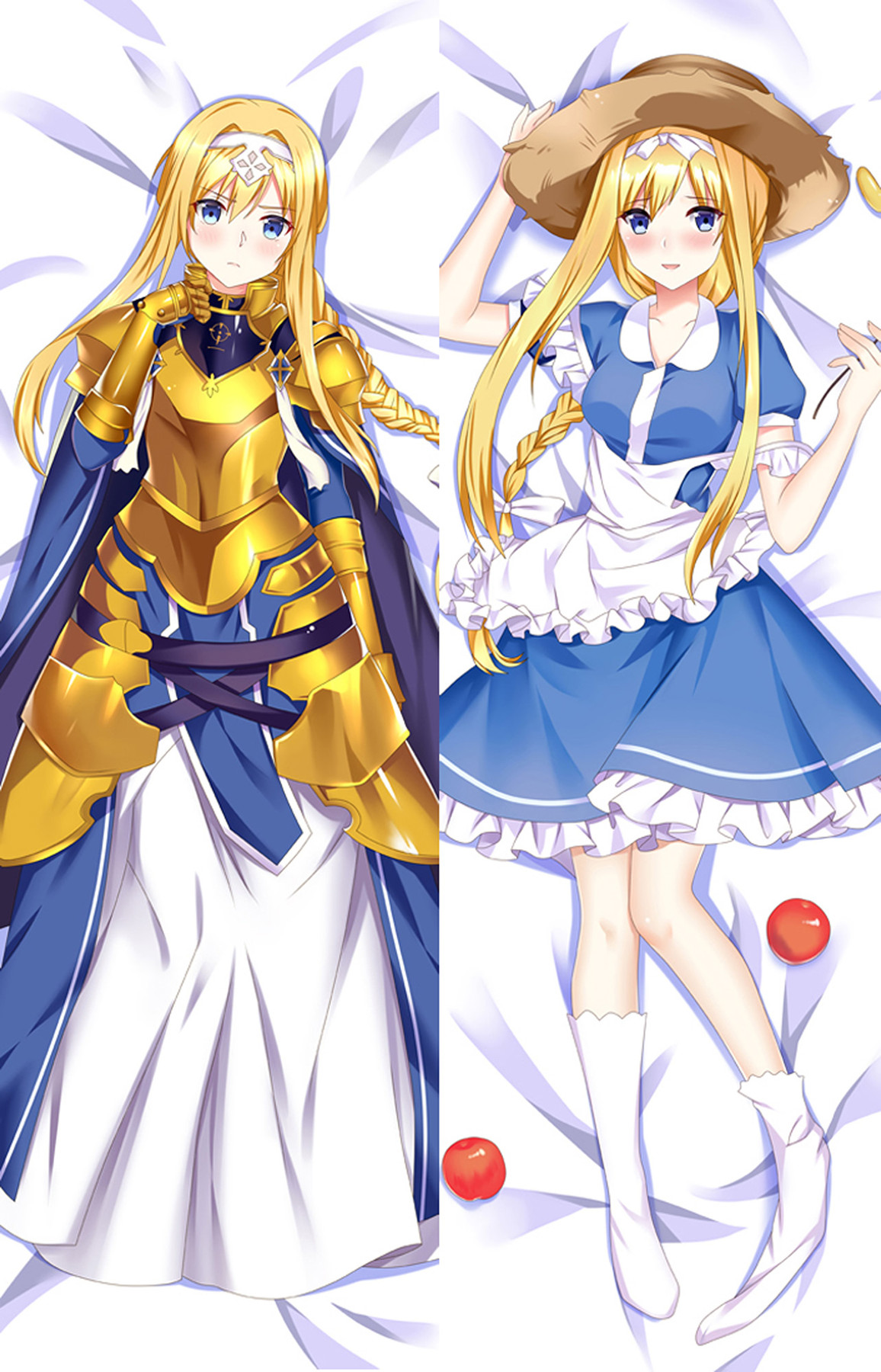Alice Zuberg dakimakura body pillow case with golden armour and blue cape on one side, blue dress, white frilled apron, straw hat and red apples on the reverse.