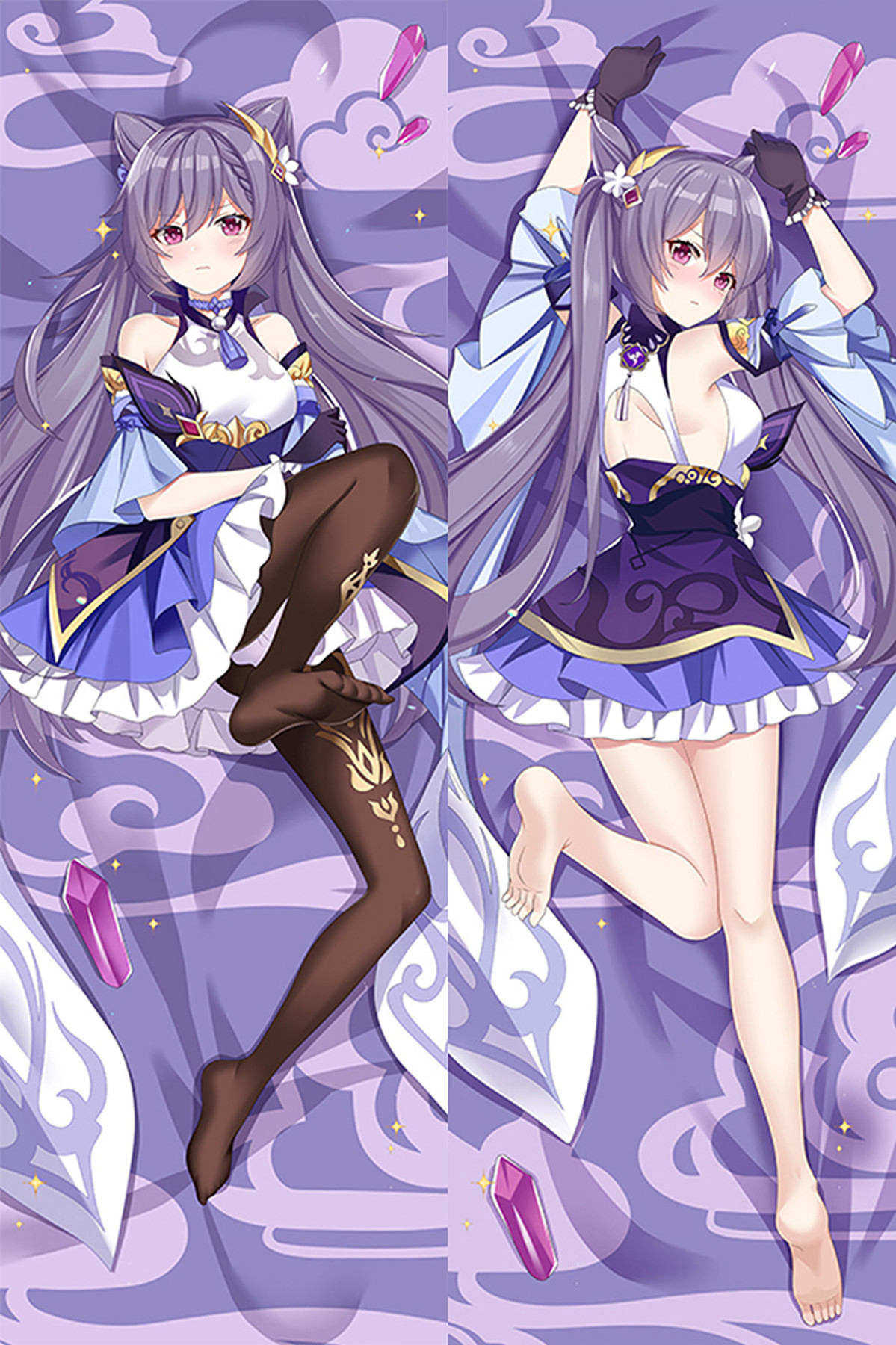 Keqing dakimakura body pillow case with a purple and gold outfit, twin-tails, white flowers, purple clouds and crystal motifs.