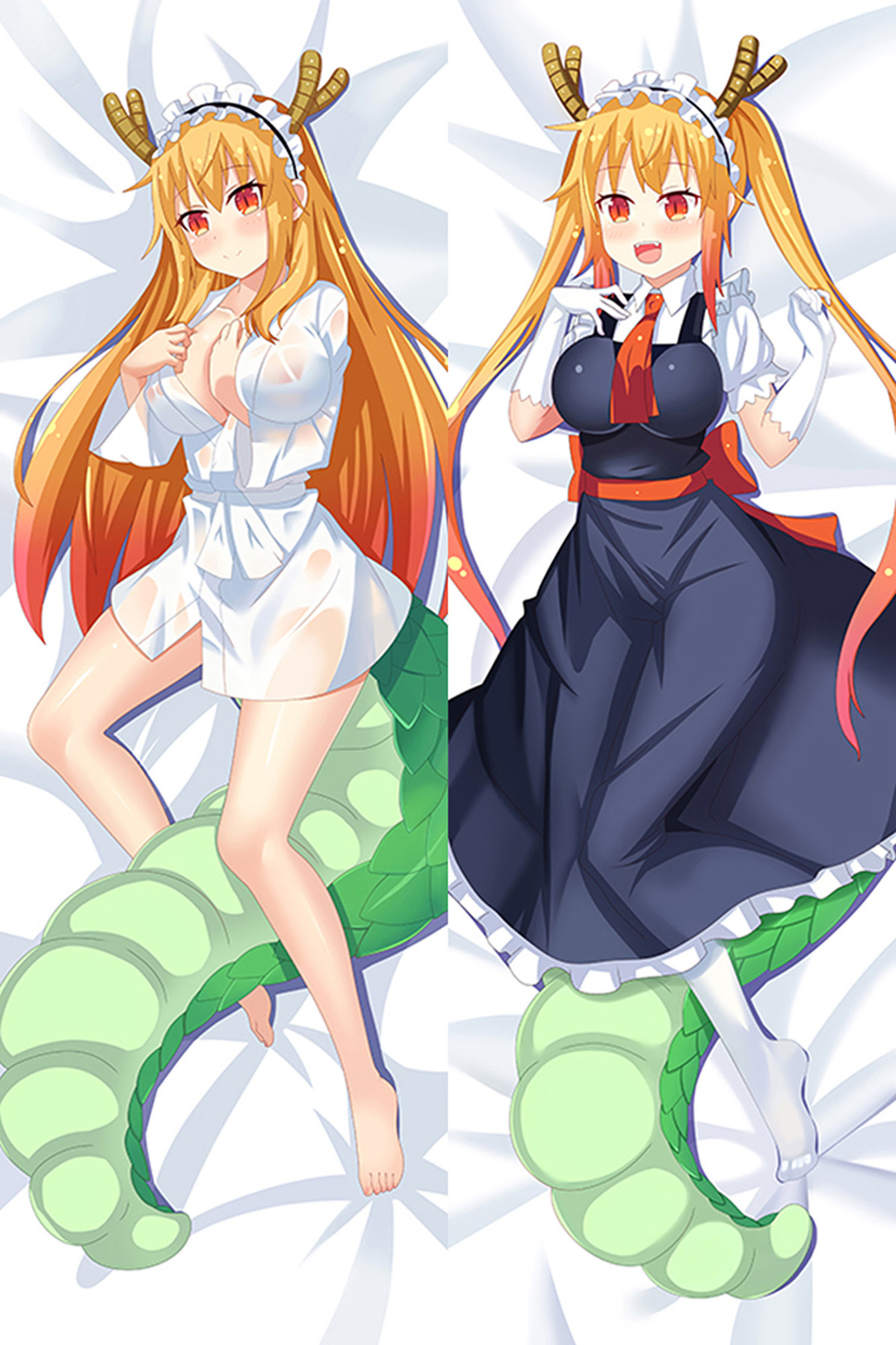 Funda de dakimakura de Tohru con bata blanca y traje de maid, pelo naranja, cuernos y cola de dragón verde.