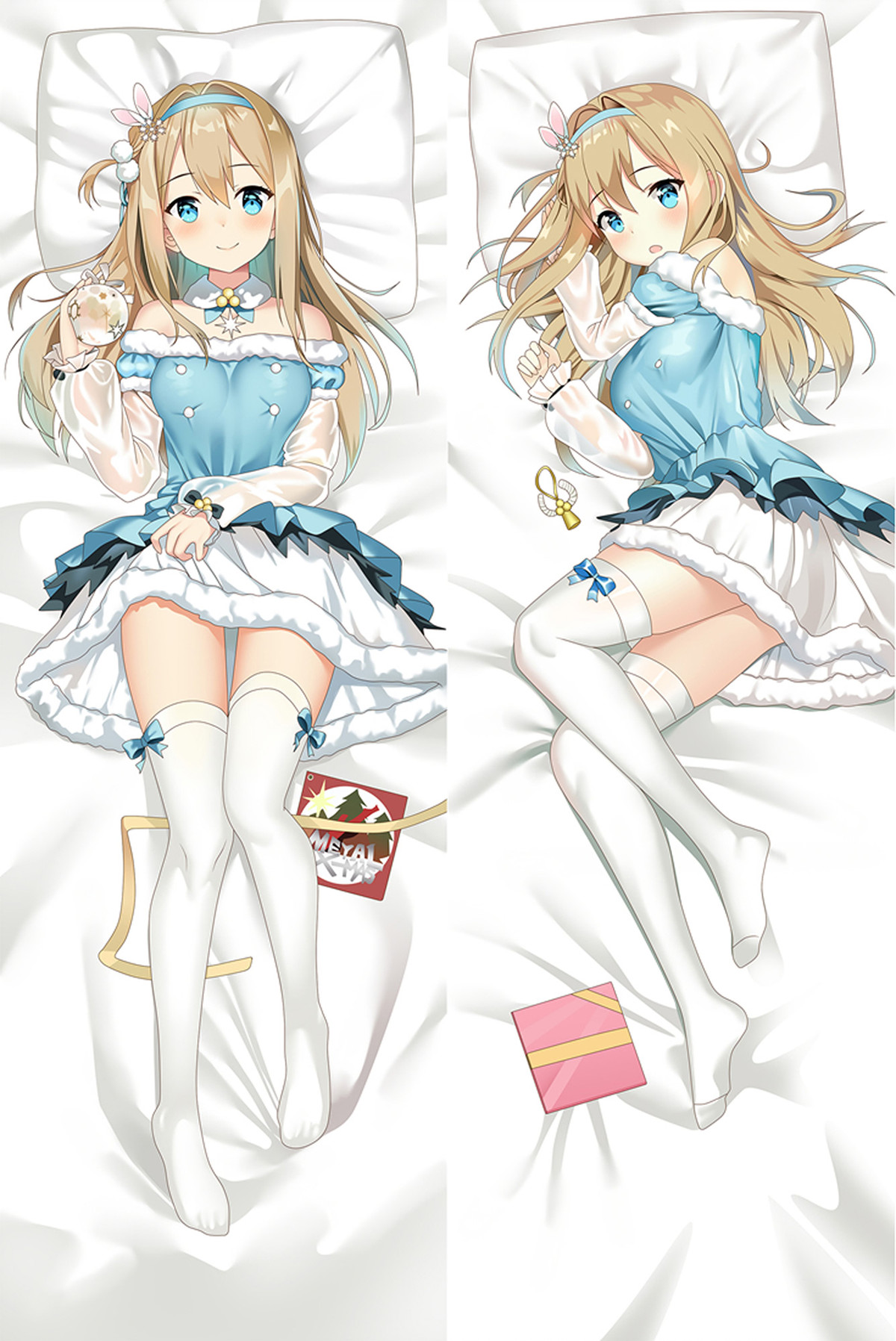 Suomi dakimakurahoes met blauw-witte feestjurk, witte hoge kousen, blauwe strikken, blond haar, blauwe ogen en cadeautjes.