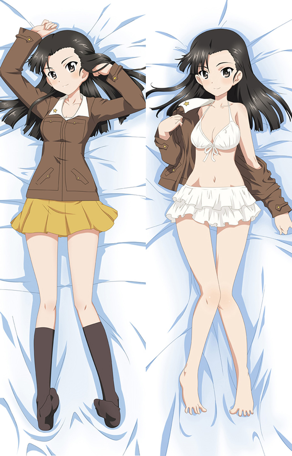 Funda de dakimakura de Kinuyo Nishi con chaqueta de uniforme marrón, falda amarilla, bikini blanco con volantes, pelo oscuro, ojos marrones y estrella.