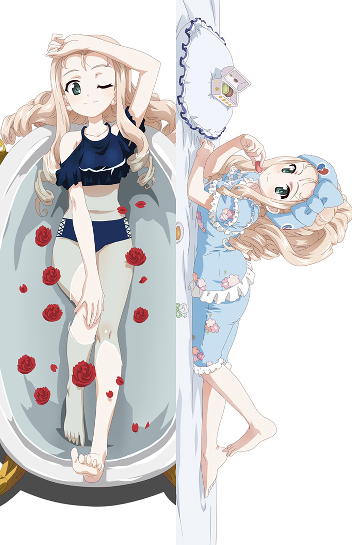 Marie dakimakura body pillow case with a navy and white swimsuit, rose-filled bath, blue floral nightdress, frilled cap, blonde curls, green eyes and macaron.
