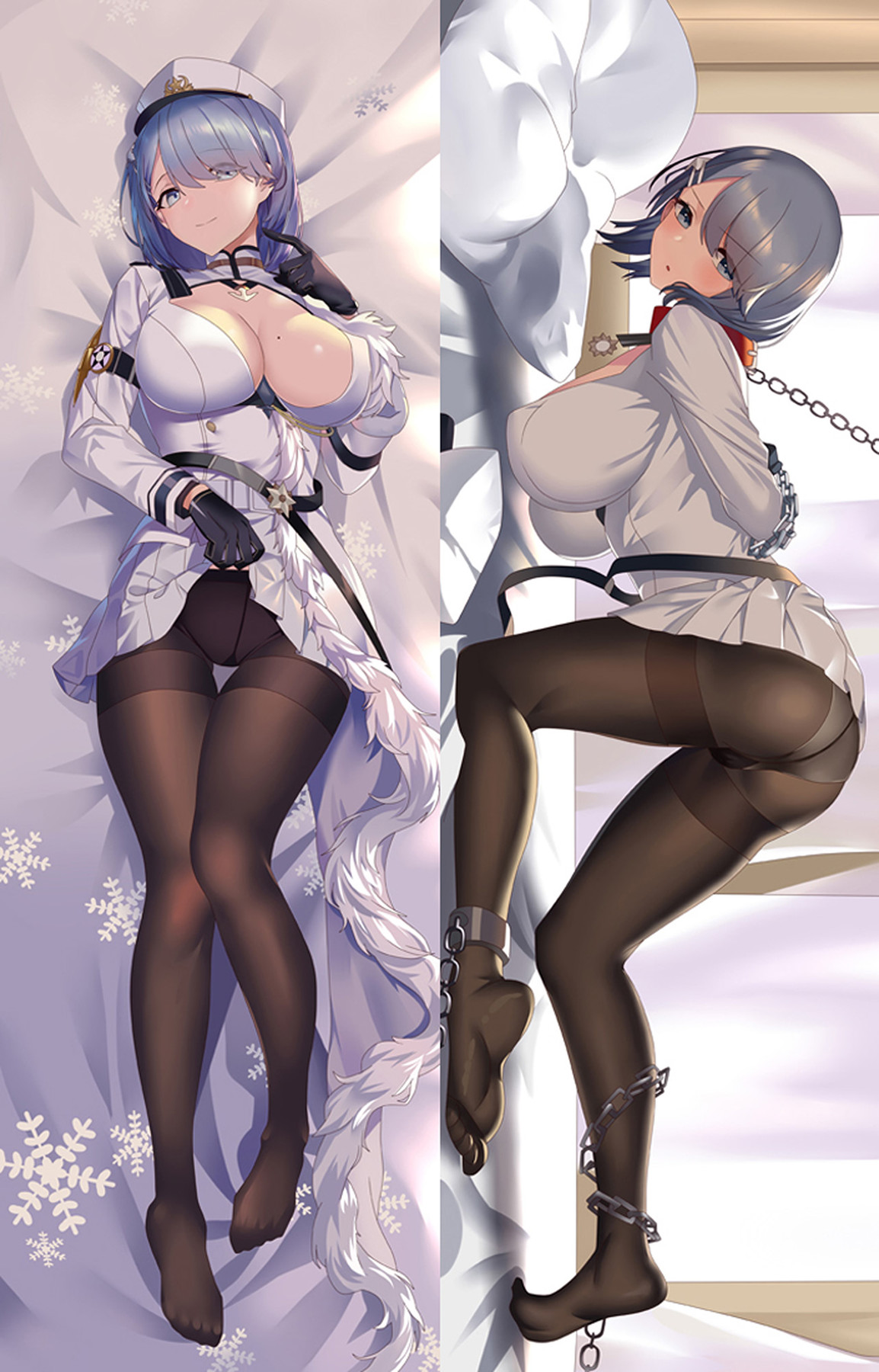 Chapayev Dakimakura-Bezug mit weißem Uniformmantel mit Fellbesatz, passender Mütze, blaugrauem Bob, blauen Augen, schwarzen Handschuhen und Ketten.