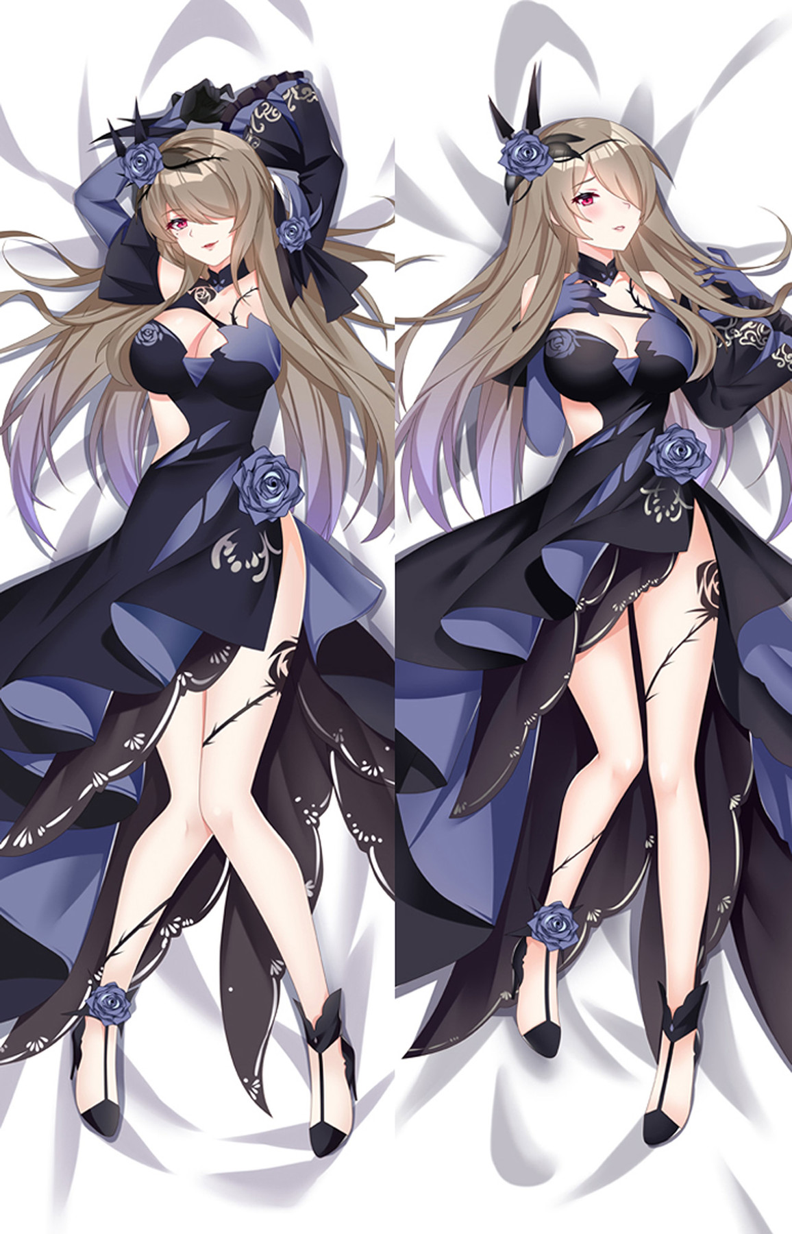 Double-sided Rita Rossweisse dakimakura body pillow case artwork: dark blue flowing dress, blue roses, gold trim, long pale hair and pointed dark shoes.