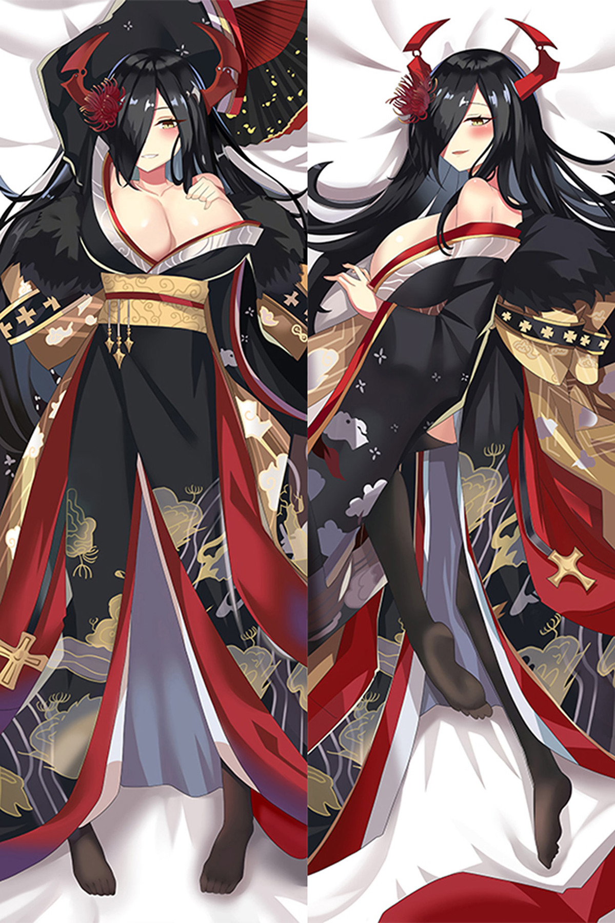 Friedrich der Grosse on a dakimakura with long black hair, red horns, a black, red and gold kimono and a decorative fan.