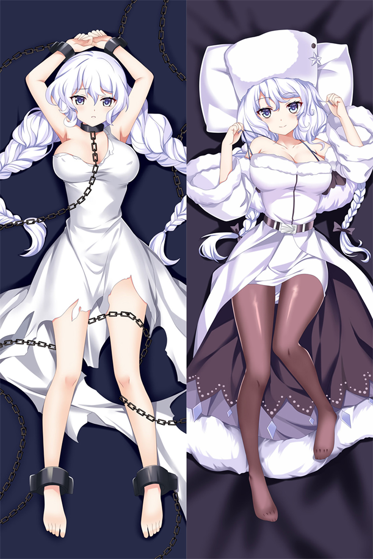 Avrora dakimakura artwork with long silver twin braids, a pale dress, a white winter coat and a matching hat.