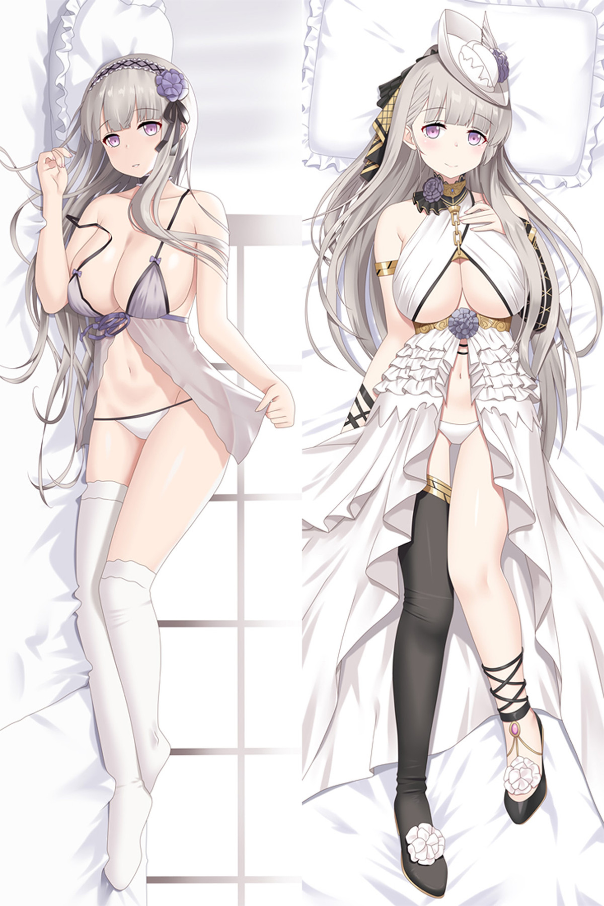 Indomitable-Dakimakura: heller Zweiteiler mit Blumenhaarband sowie weißes Rüschenkleid mit Federhut und violetten Blumen.