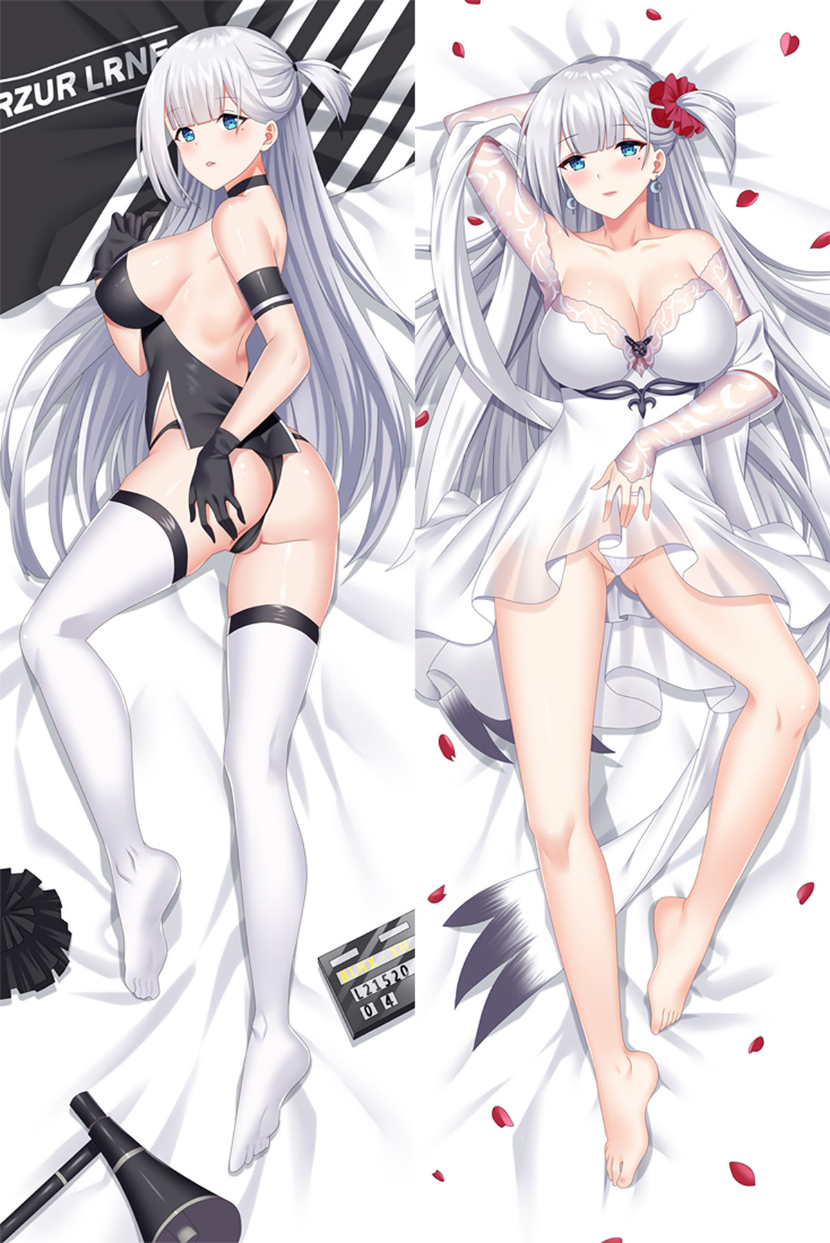 Shoukaku dakimakura artwork with long silver hair, blue eyes, a dark outfit, a white lace-style dress and a red hair flower.