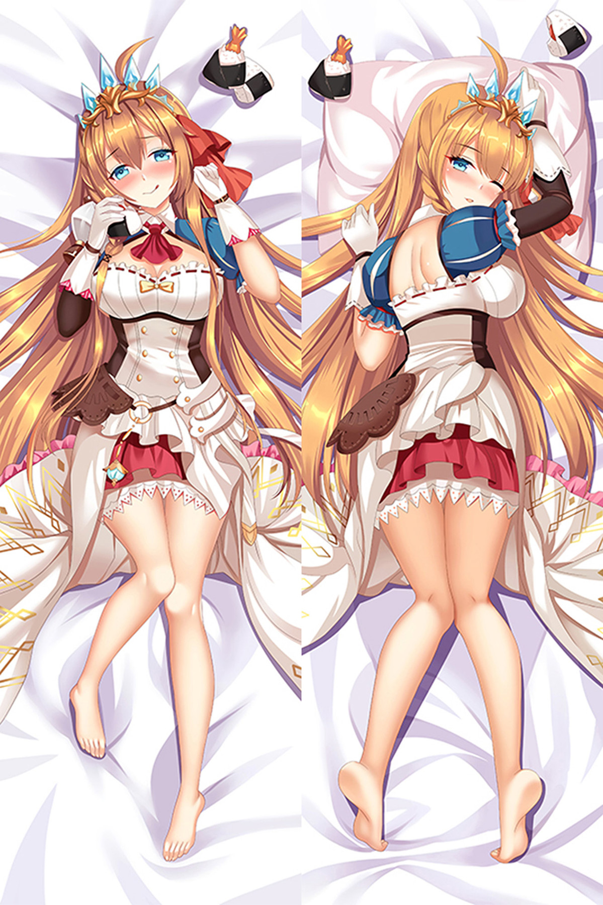 Housse dakimakura Pecorine avec boulettes de riz, couronne de cristal, manches bleues, nœuds rouges et tenue blanche et dorée sur les deux faces.