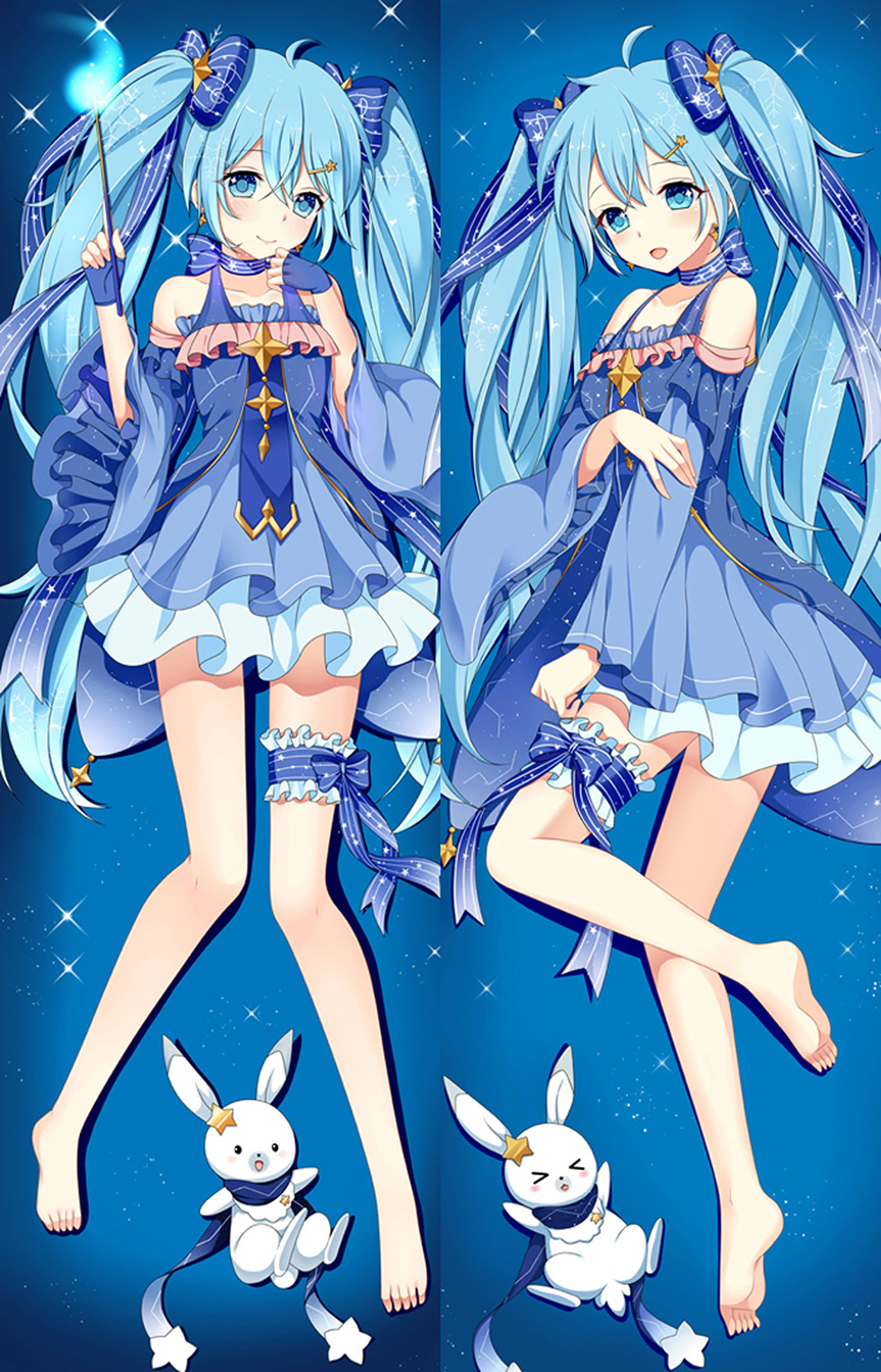 Two Hatsune Miku poses for a body pillow case, in a blue Twinkle Snow dress with gold stars and Rabbit Yukine against a starry background.