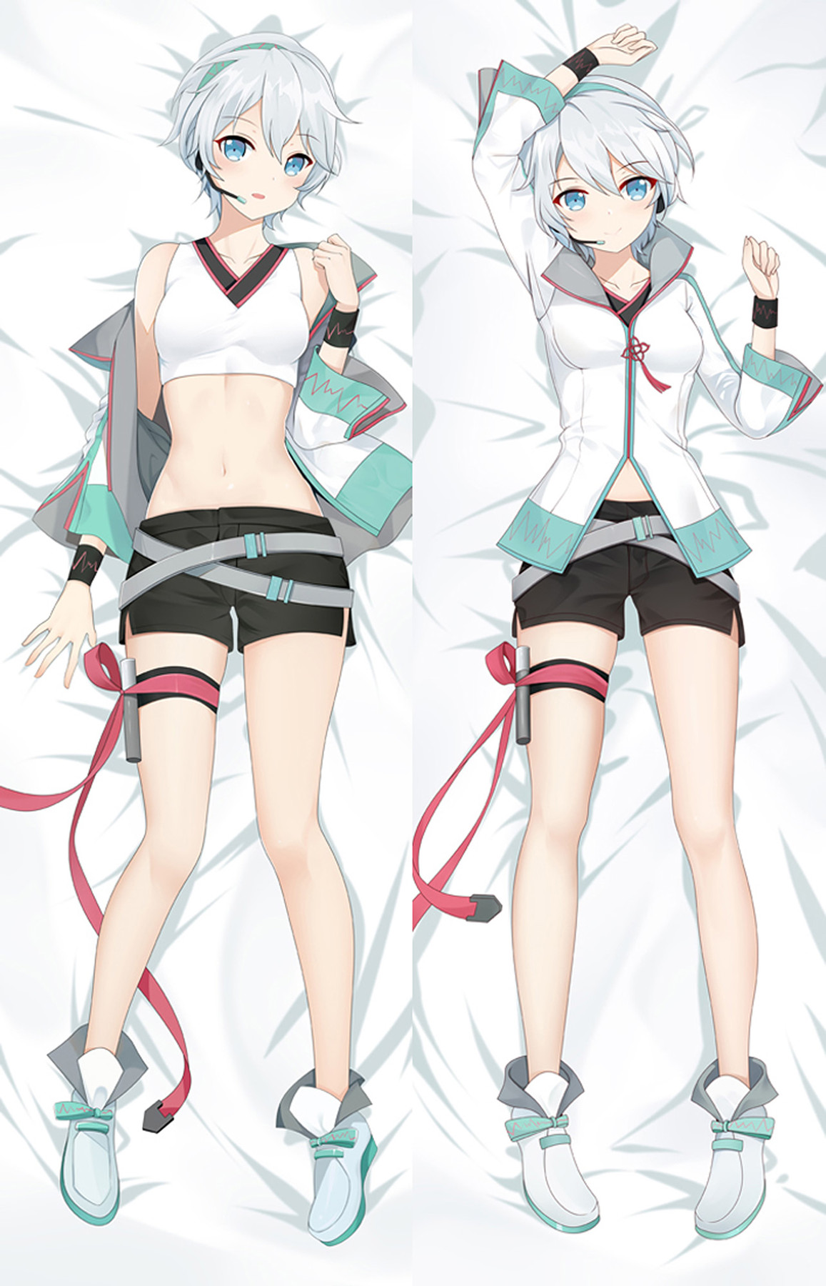 Yanhe dakimakura artwork with short pale hair, blue eyes, a headset, white jacket with mint trim, black shorts and gray belts.