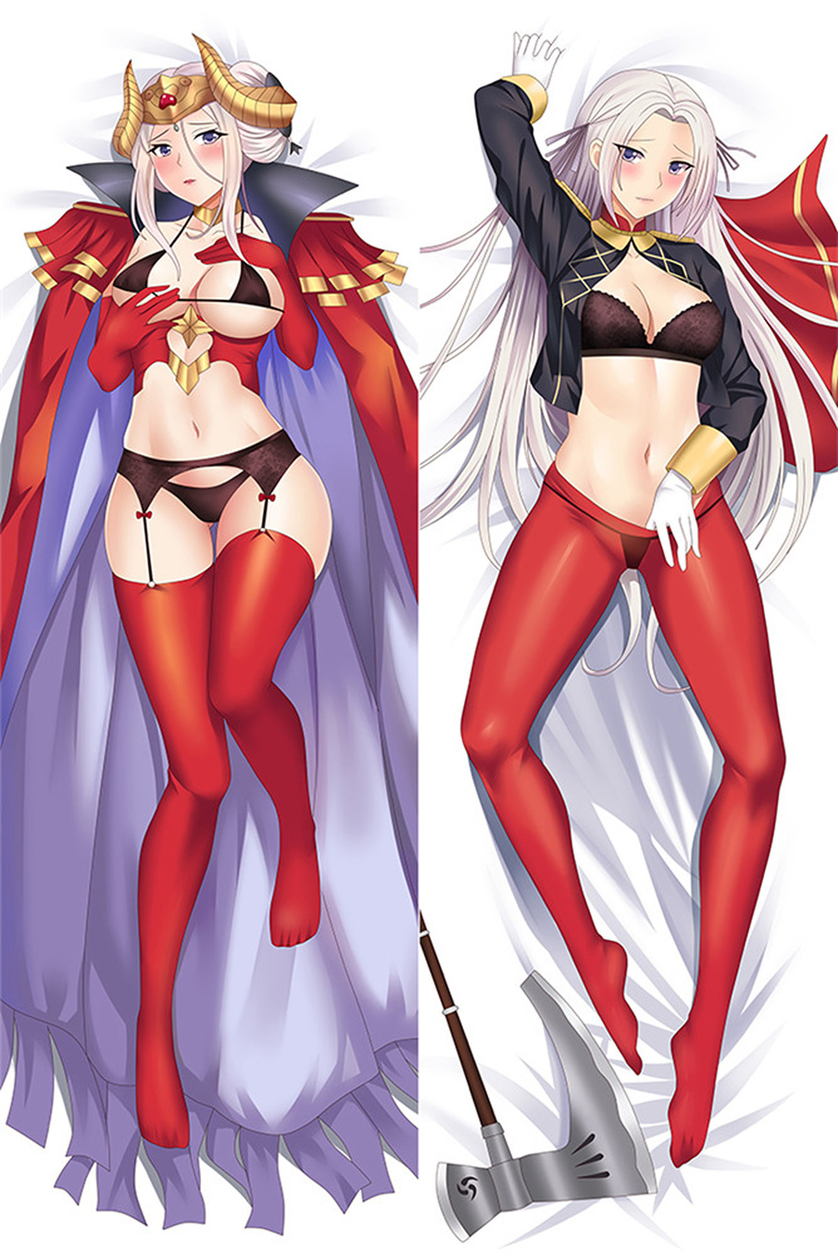 Edelgard von Hresvelg dakimakura body pillow case with a crimson cape, gold crown, pale hair, dark-gold jacket, red legwear and an axe.