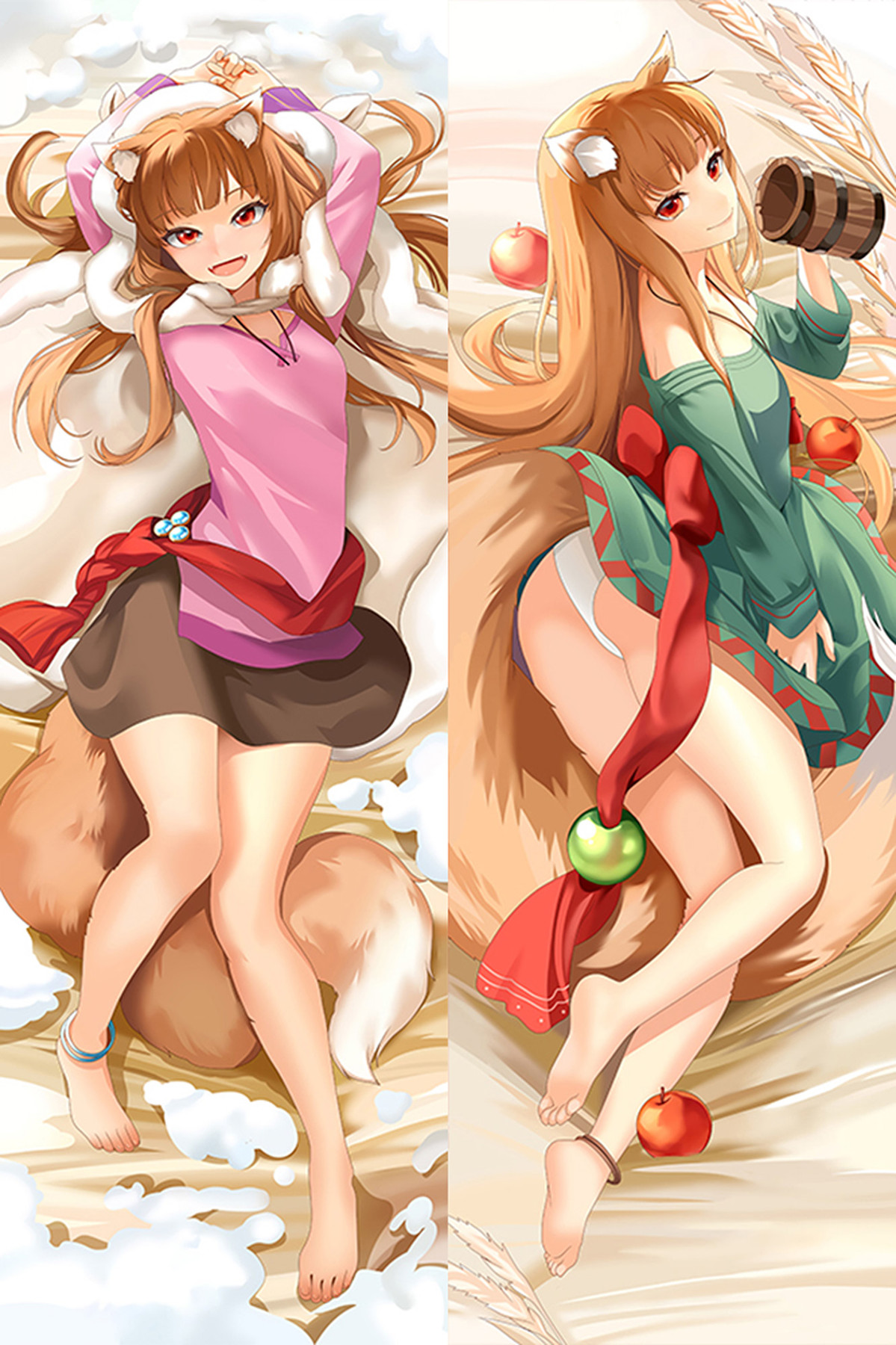 Holo (Spice and Wolf) dakimakura body pillow case with pink and green outfits, brown hair, red eyes, wolf ears, a full tail, apples and a wooden mug.