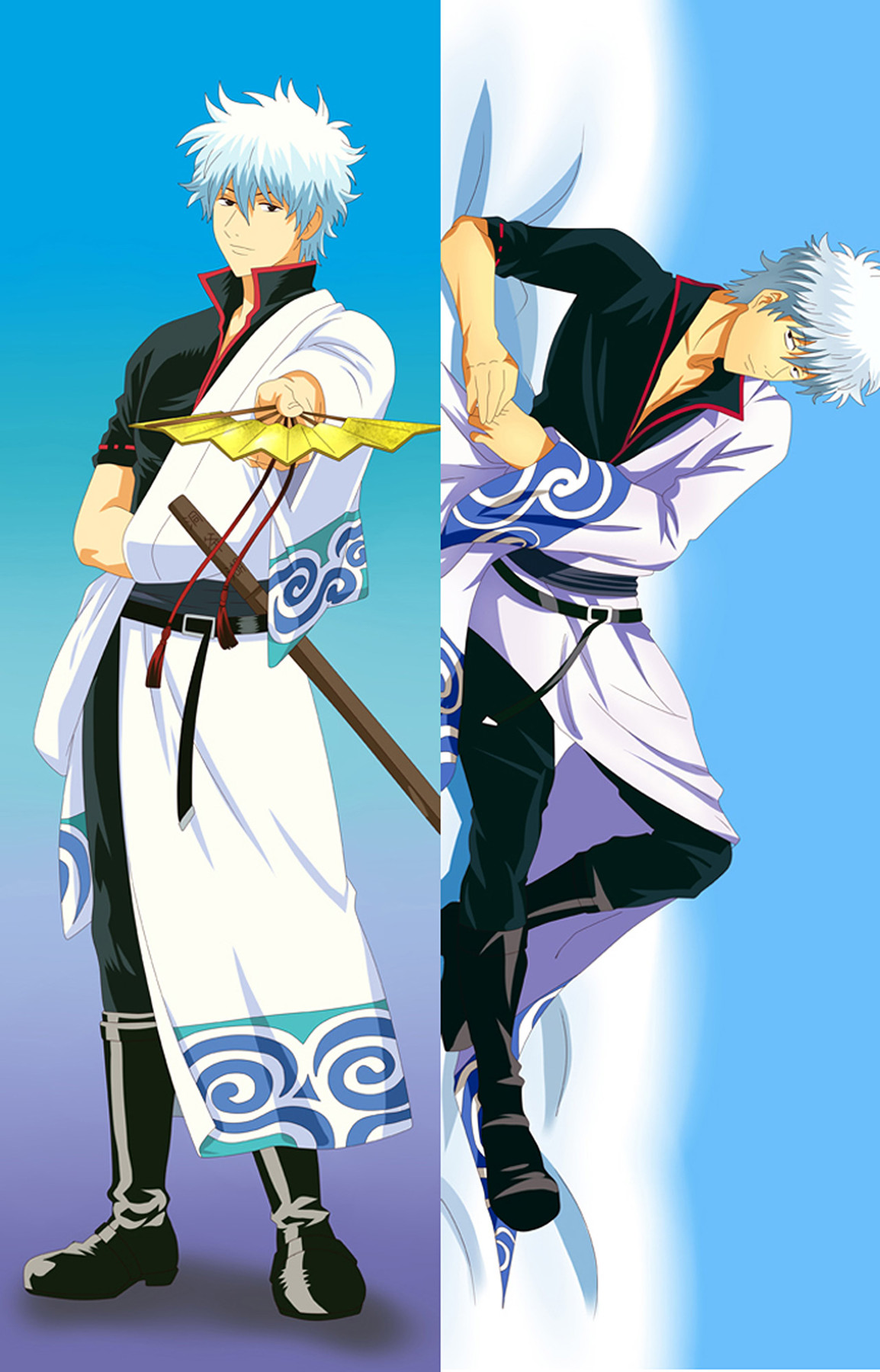 Two Gintoki Sakata poses for a body pillow case, wearing a white robe with blue swirls over black clothing, with a gold fan in one pose.