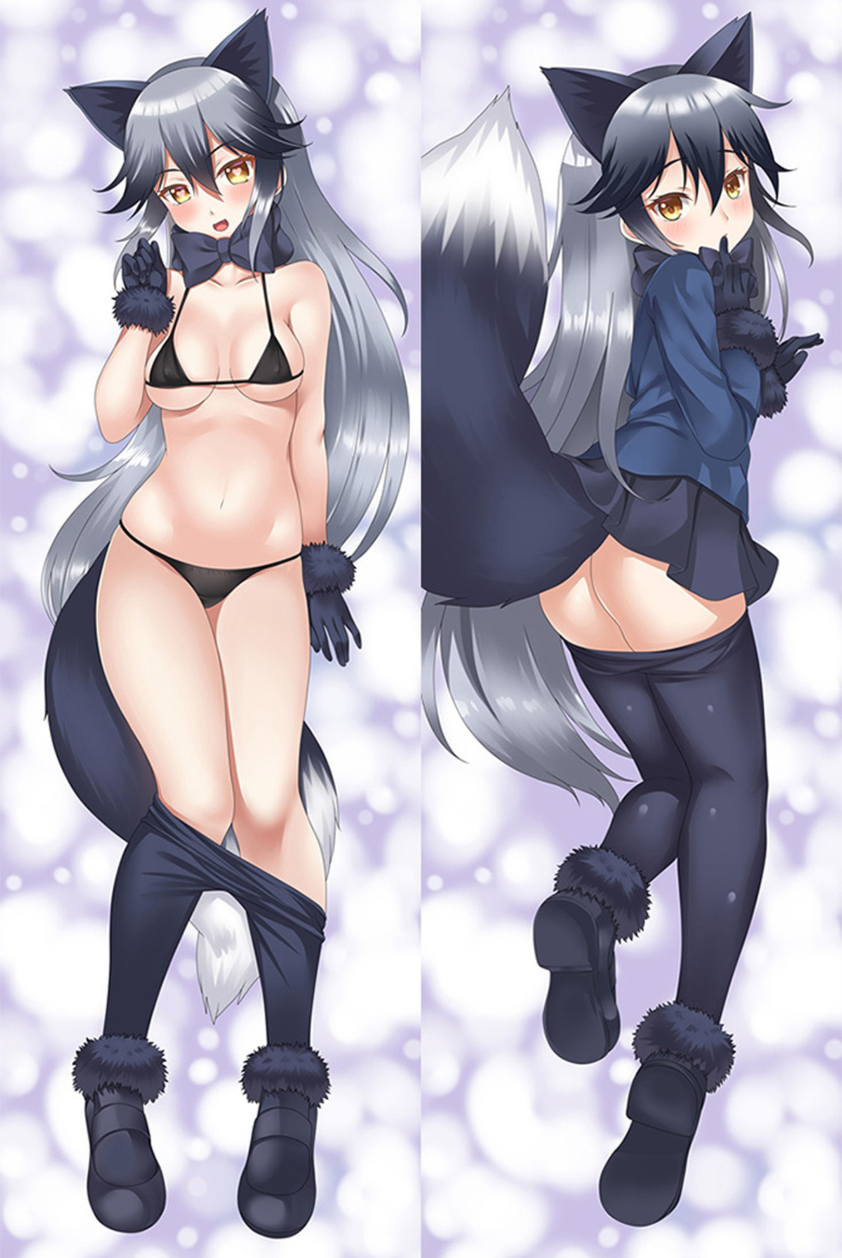 Silver Fox dakimakura body pillow case with black swimwear, a navy outfit, silver-black hair, amber eyes, fox ears, a white-tipped tail and fur-trimmed boots.