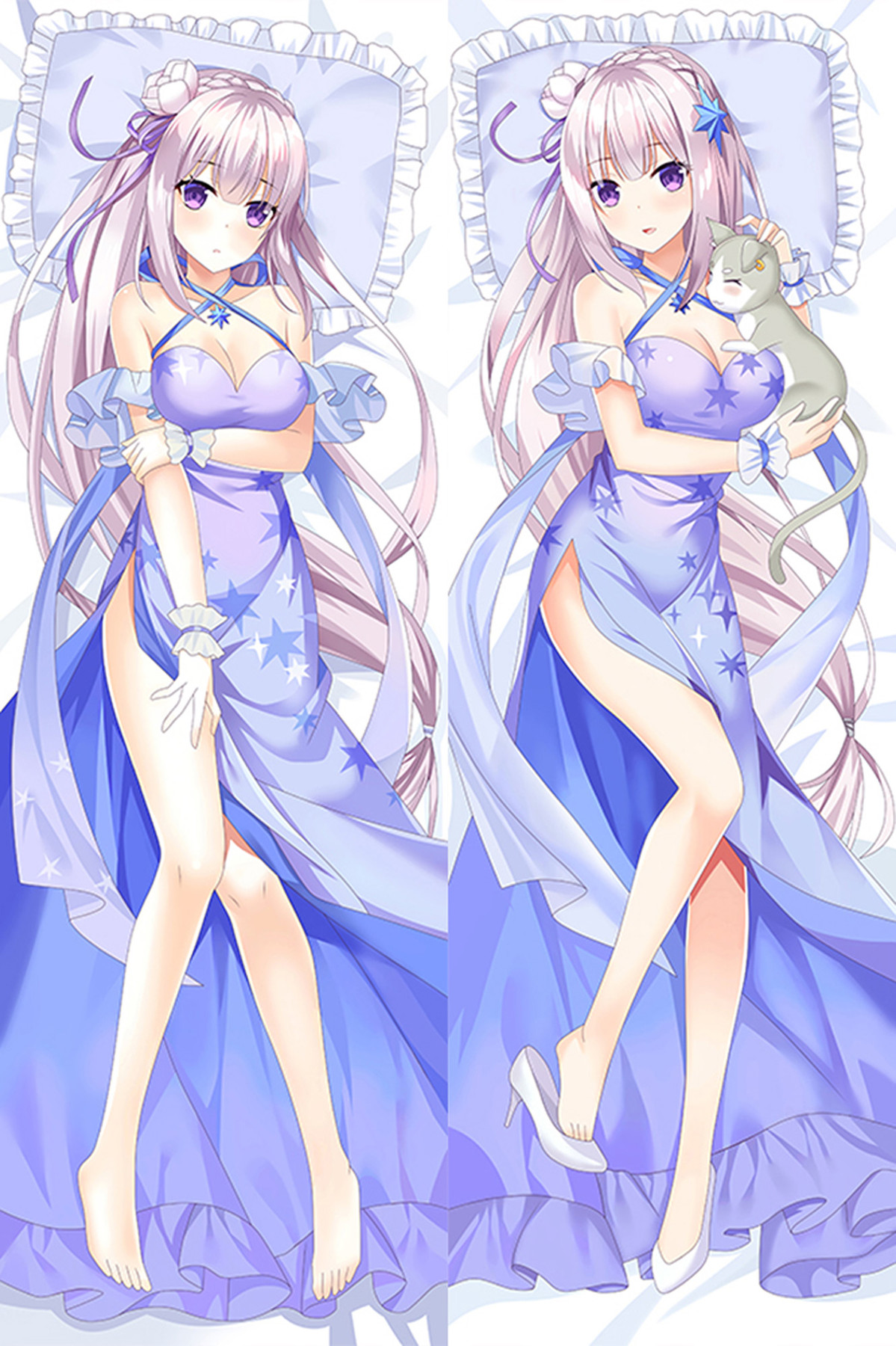 Emilia with long silver hair, lavender star-patterned dress, blue ribbons and white rose ornament, holding Puck on the reverse.