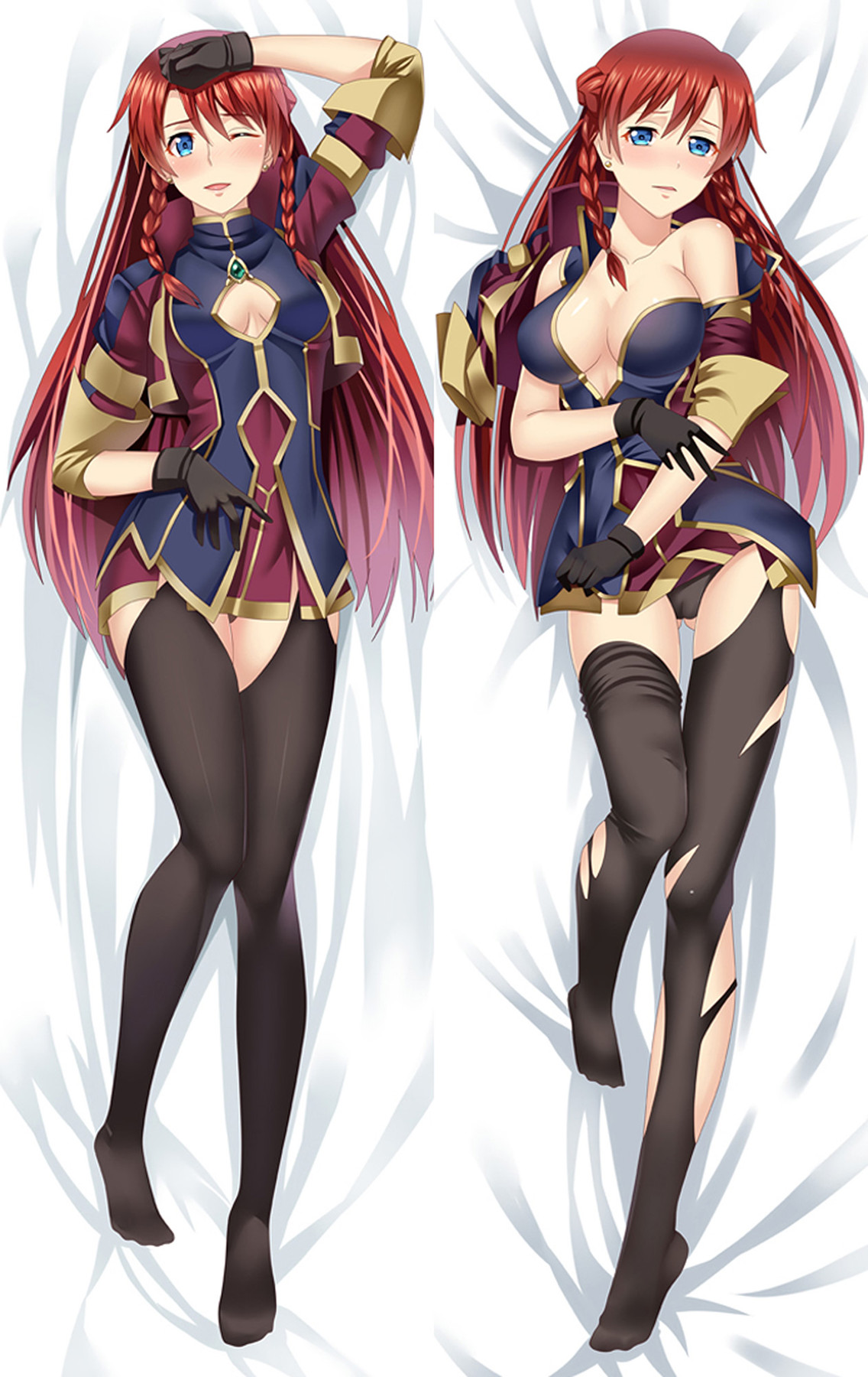 Selesia Upitiria auf einem Dakimakura-Motiv mit langem rotem Haar, zwei Zöpfen, marineblau-bordeauxrotem Outfit, Goldkanten und grünem Anhänger.