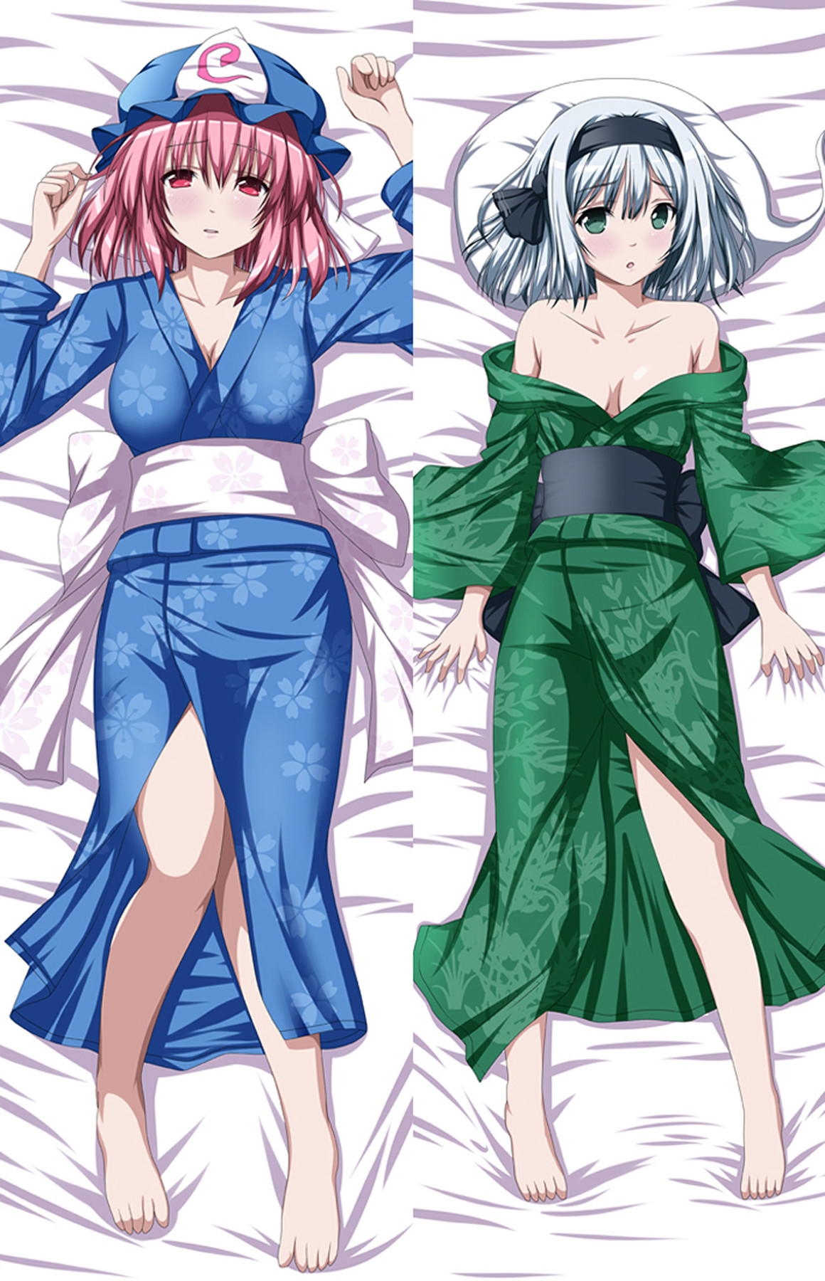 Yuyuko Saigyouji and Youmu Konpaku dakimakura body pillow case, blue floral kimono and hat beside a green patterned kimono and black bow.