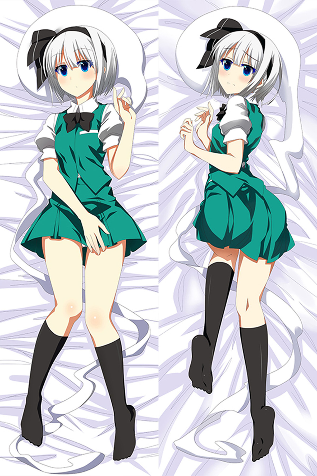 Youmu Konpaku dakimakura body pillow case with a green vest and skirt, white blouse, silver bob, blue eyes and black hair bow.