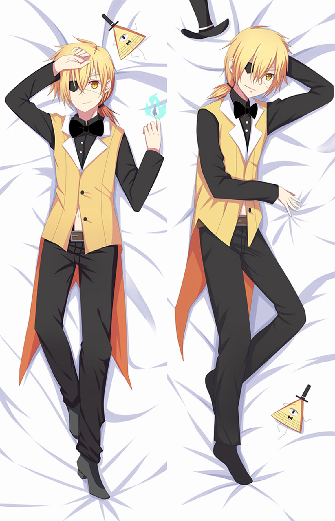 Bill Cipher als mens op een dakimakurahoes met blond haar, ooglapje, geel-zwarte outfit, zwarte vlinderdas en zwevende hoge hoed.
