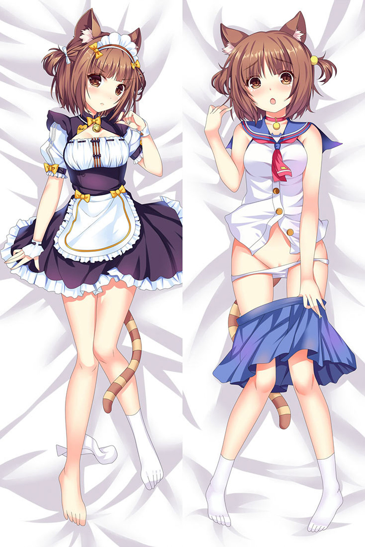 Azuki dakimakura body pillow case with a dark maid dress, white apron, yellow bows, sailor outfit, brown bob, cat ears and striped tail.
